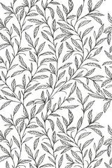 Black leaf pattern with intricately drawn branches and leaves in a repeating design on a white background, peel and stick removable wallpaper.