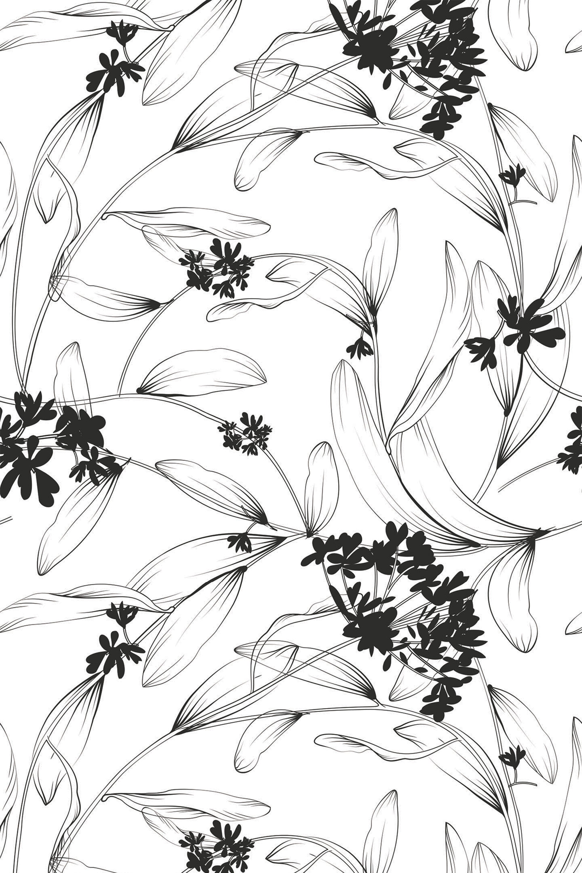 Black and white botanical design with delicate flowers and leaves intertwined, forming an elegant, minimalistic pattern, peel and stick removable wallpaper.