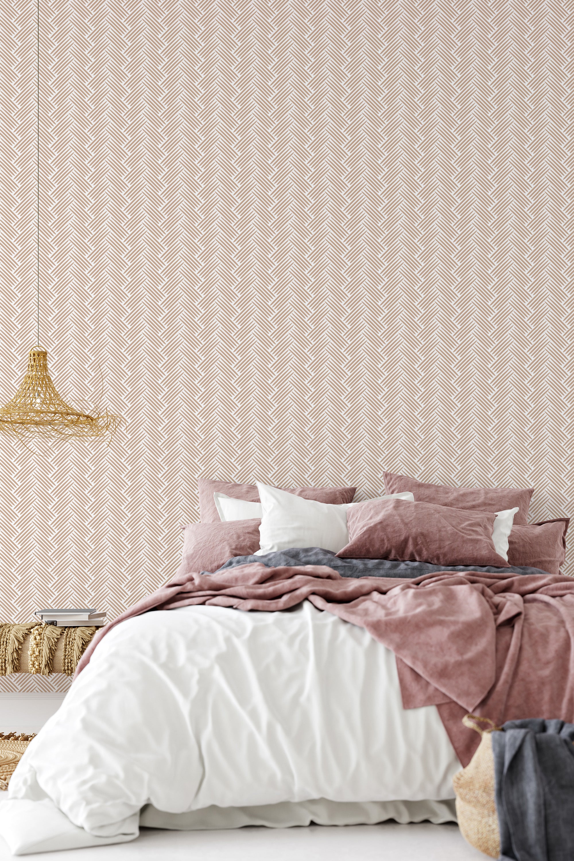 The wallpaper has a Brush Herringbone design with a subtle, repetitive zigzag pattern, creating a textured and elegant look. The earthy tones bring warmth to the room, complementing the cozy ambiance. Traditional wallpaper.