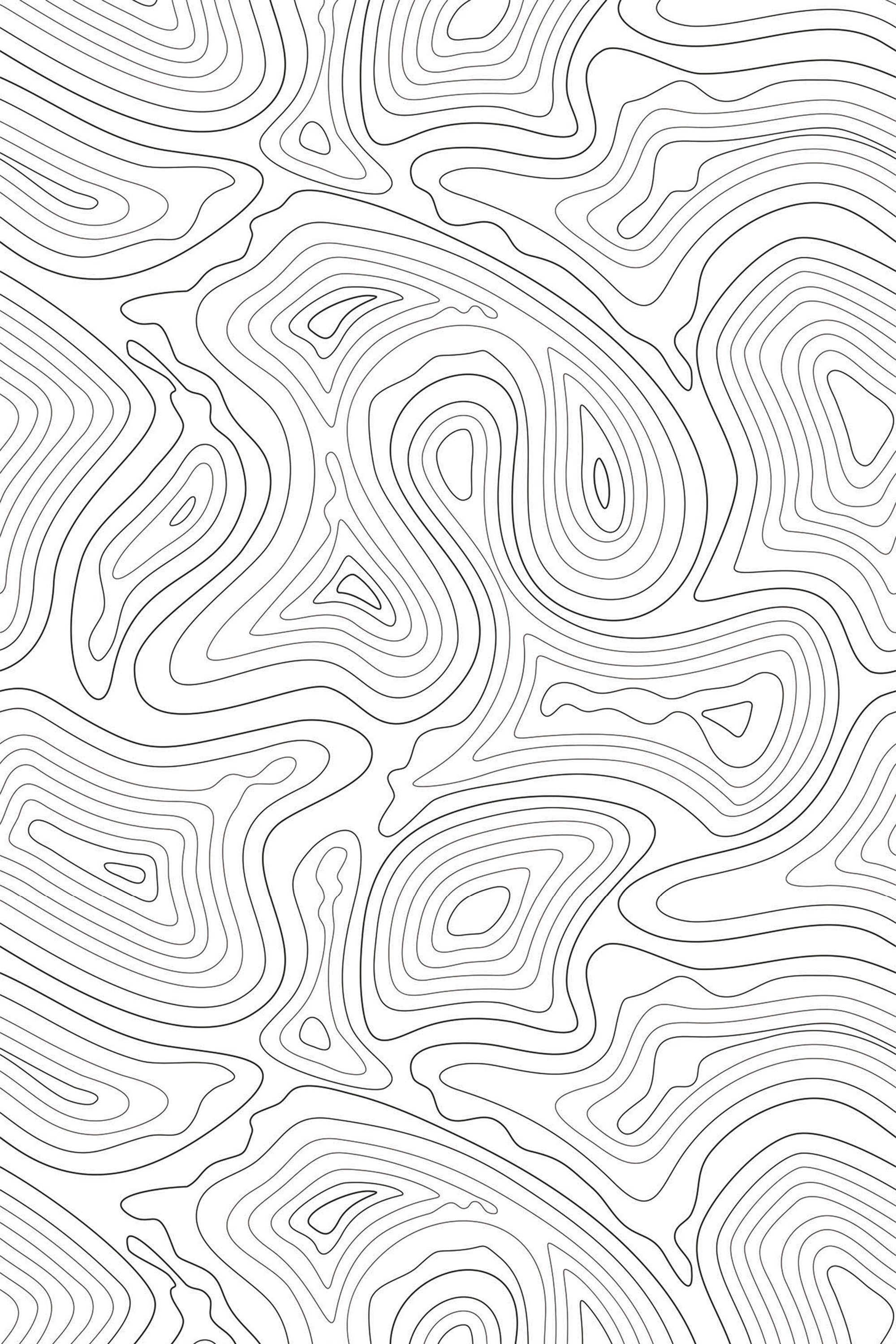 Topographic-style pattern with fluid, swirling lines forming abstract shapes, resembling a tree line or wood grain. Black lines on a white background create a dynamic, organic look. Peel and stick removable wallpaper.