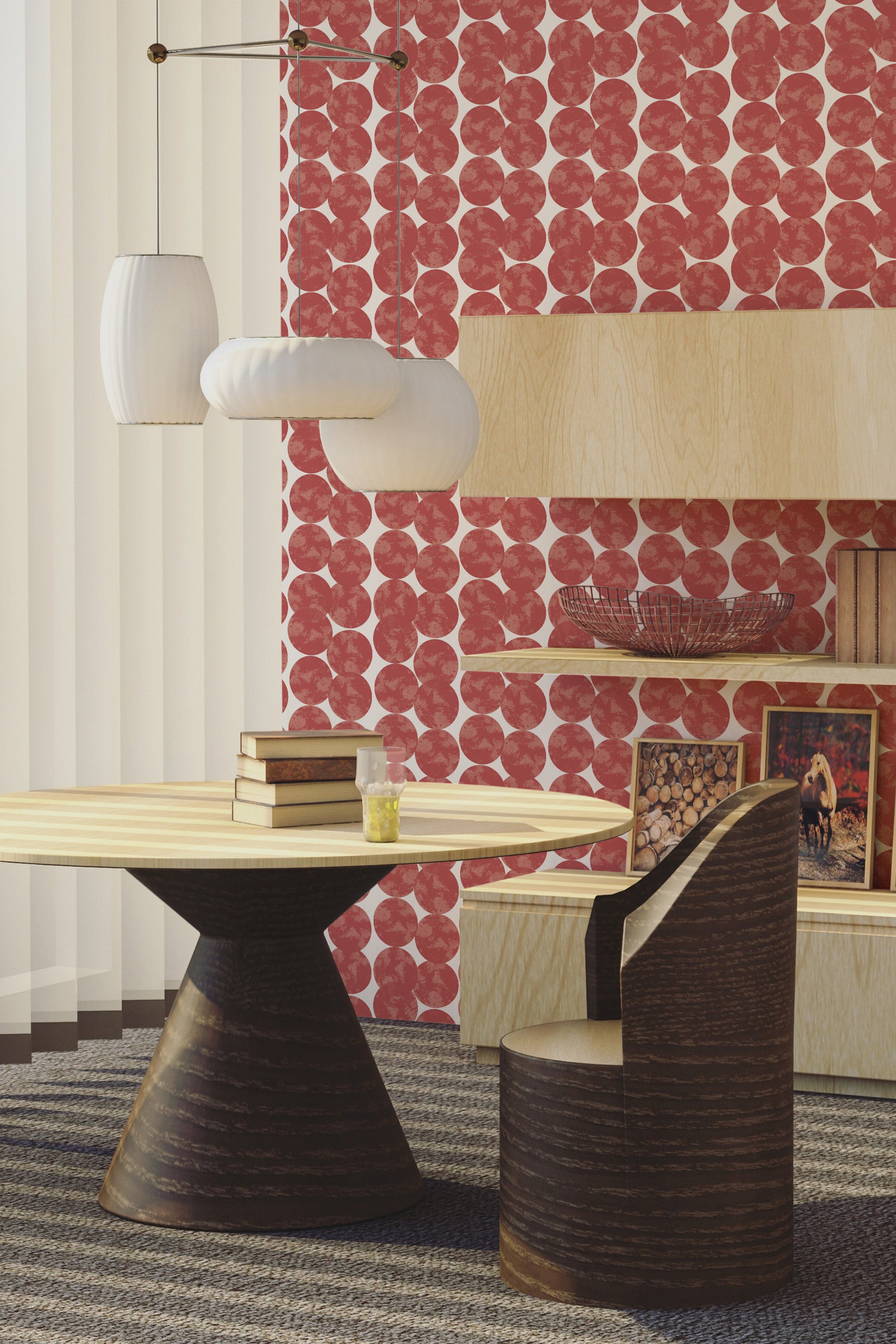 Red circular pattern wallpaper with a repeating geometric design behind a modern dining table and chair set, traditional wallpaper.