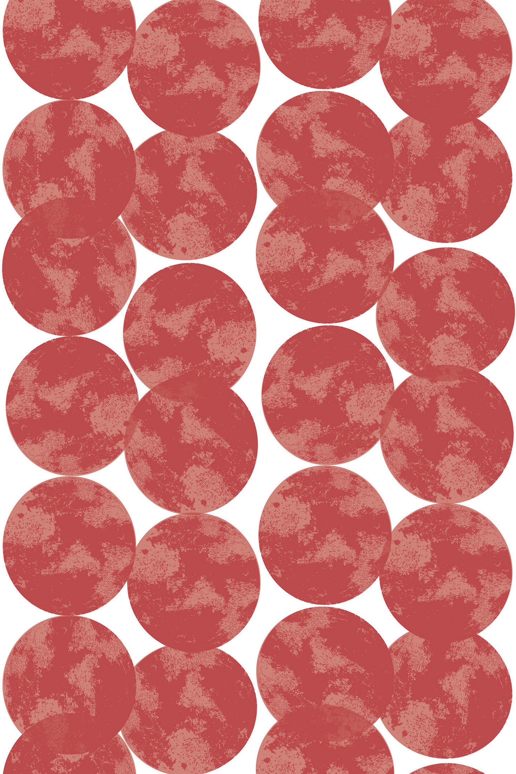 Red circles repeating in a pattern with a slightly weathered, textured look on a white background, creating a simple yet bold design. Peel and stick removable wallpaper.