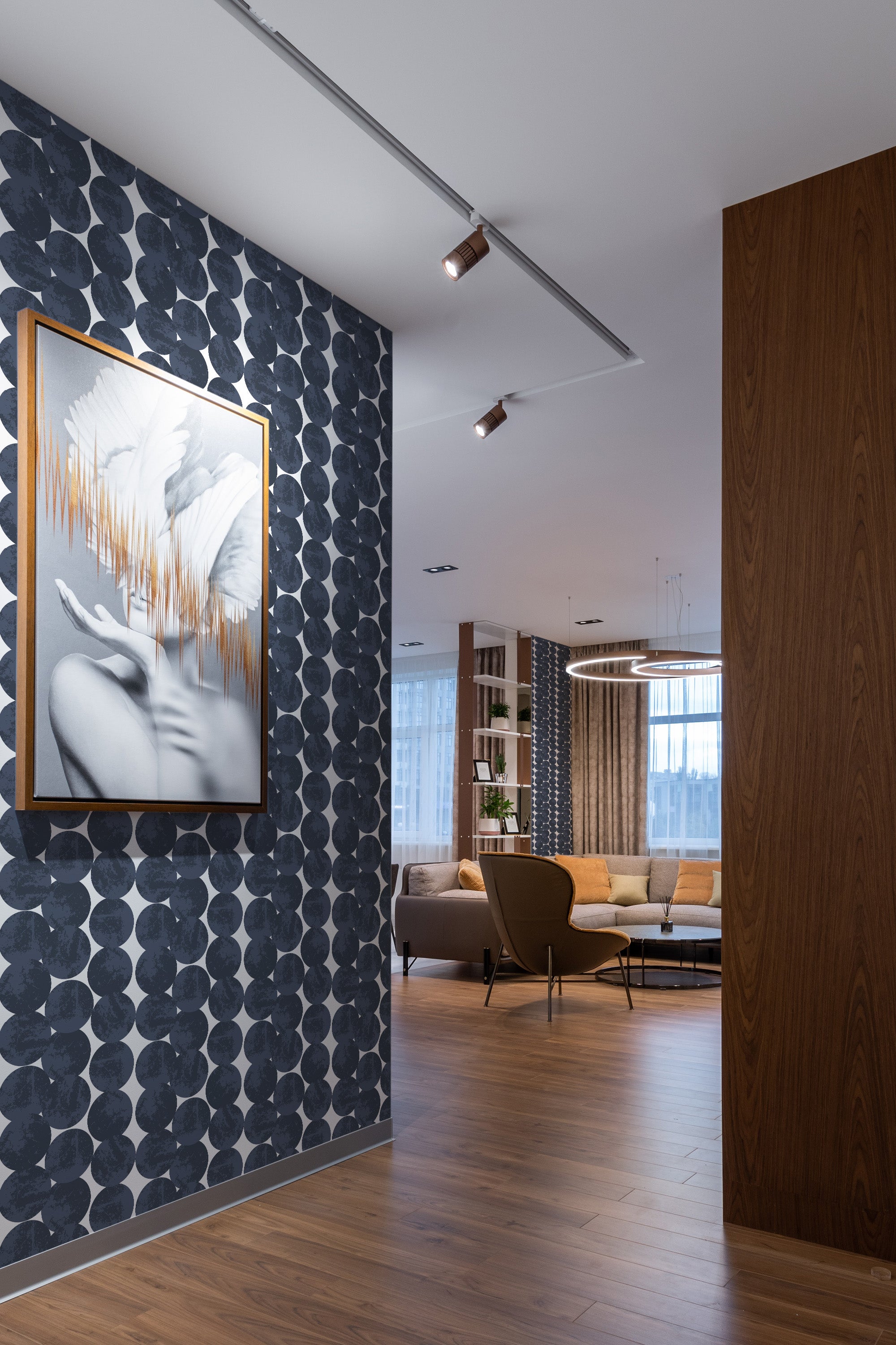 The wallpaper showcases a pattern of large, dark grey, overlapping circles against a white background, adding a contemporary geometric touch to the space, traditional wallpaper.