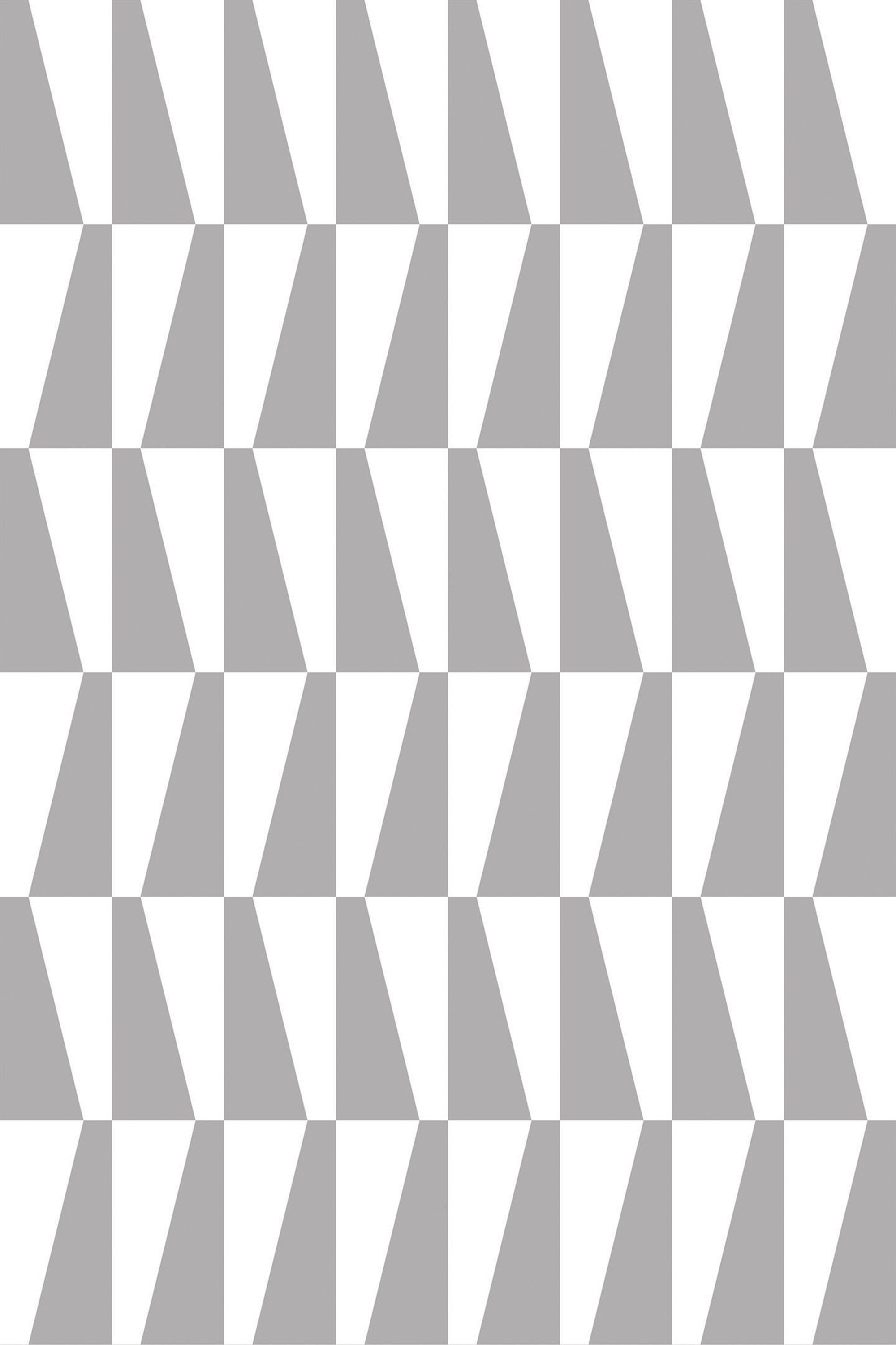 Gray and white geometric wallpaper with a repeated triangle pattern. Peel and stick removable wallpaper.
