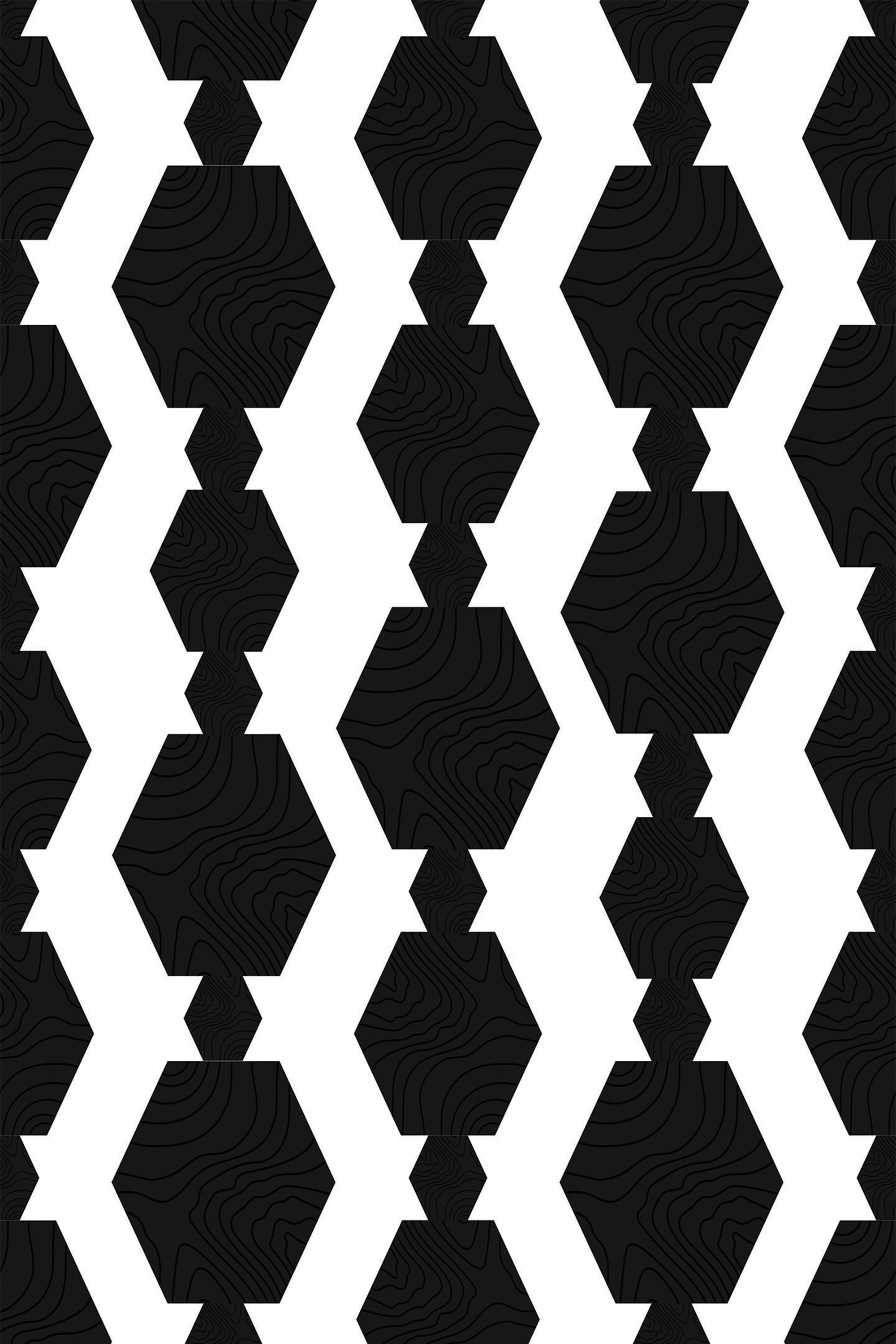 Black and white geometric pattern with interlocking shapes and a subtle woodgrain texture in the background, peel and stick removable wallpaper.