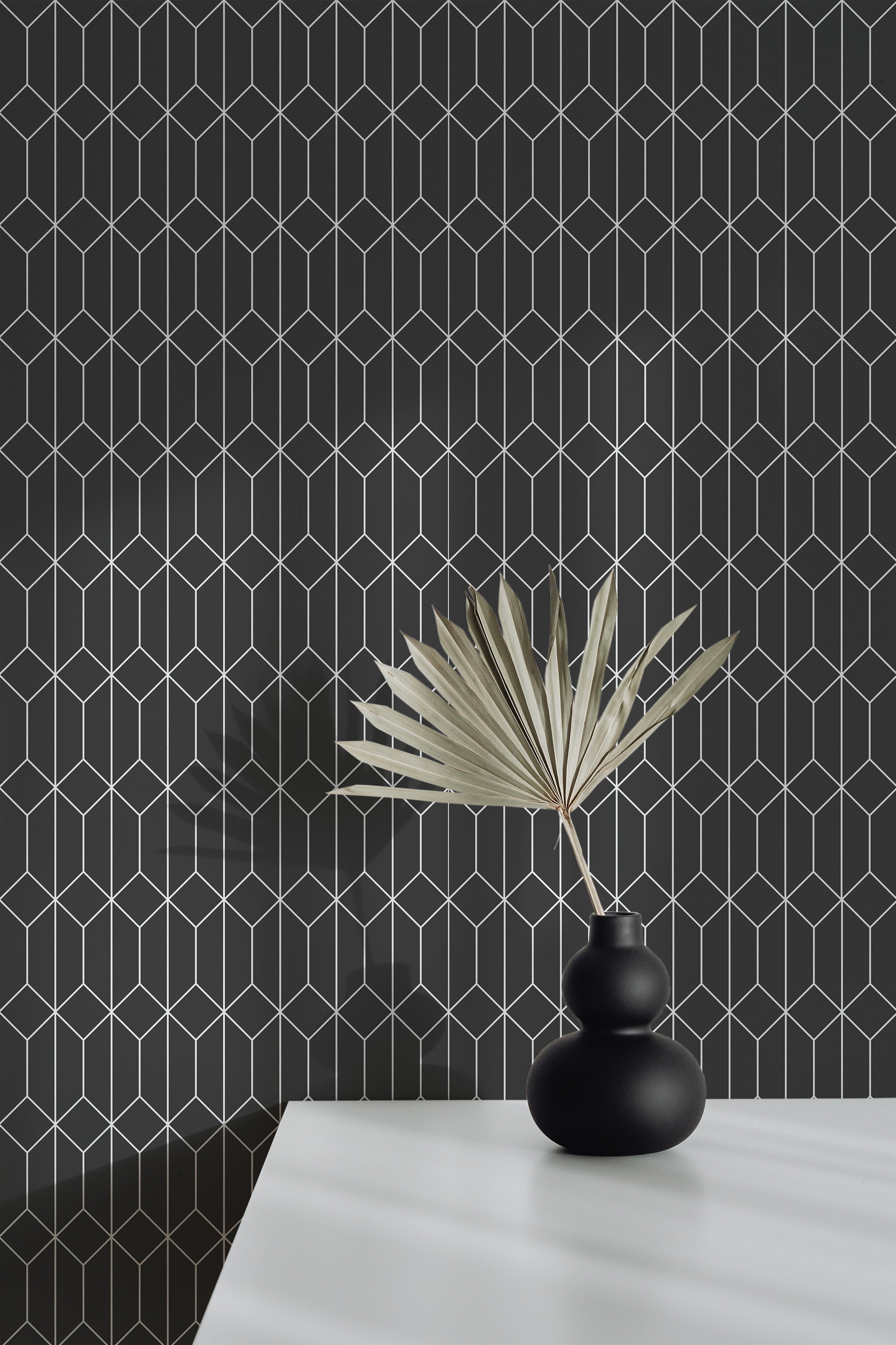 Self-adhesive wallpaper with a black geometric hexagon design, creating a modern and sleek pattern using interconnected white lines forming a repetitive three-dimensional effect that adds depth to the room.