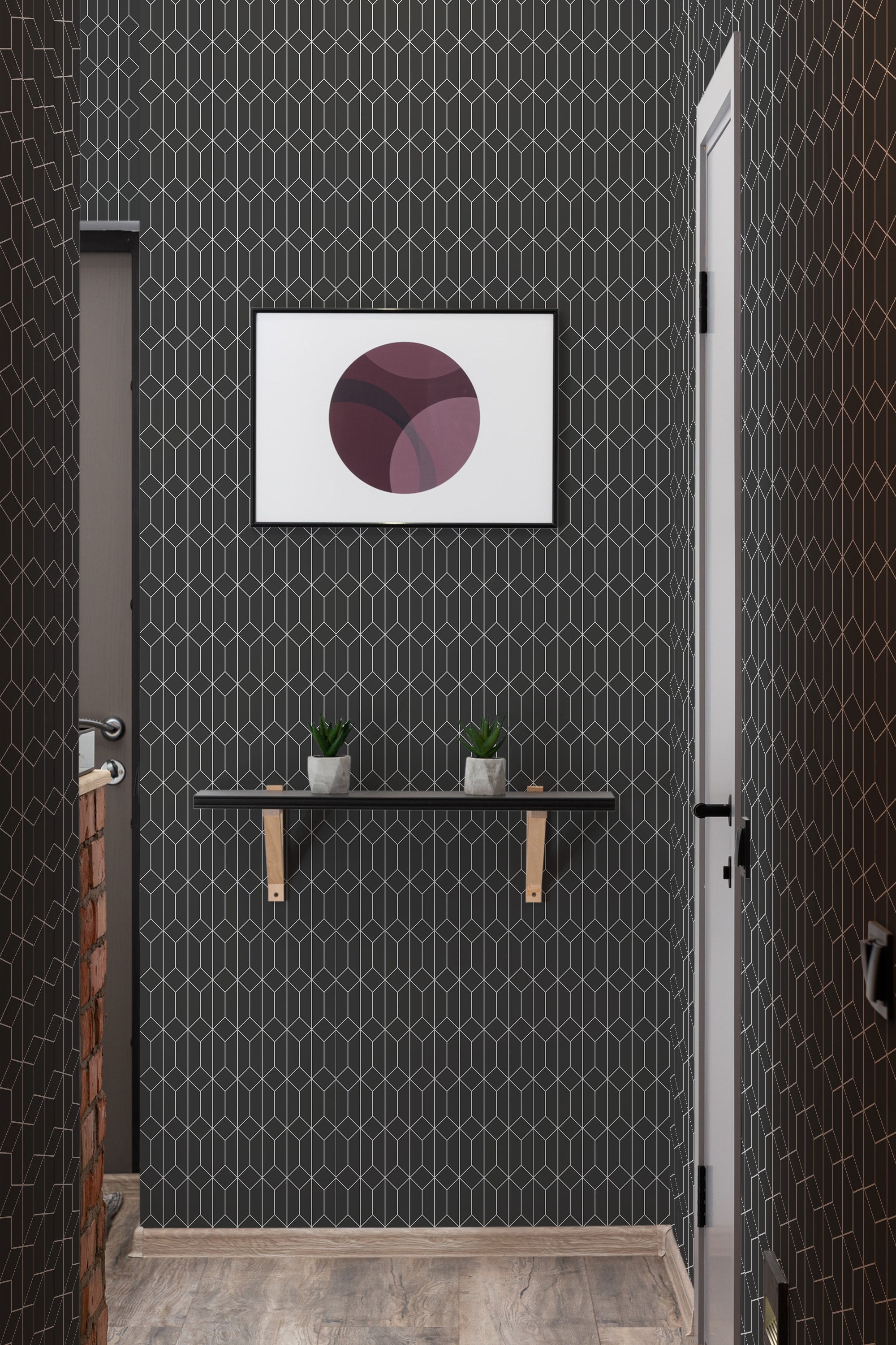 Black geometric hexagon design with subtle white lines creating a honeycomb pattern on the walls of a modern hallway, with a light wooden floor and minimalist decor. Traditional wallpaper.