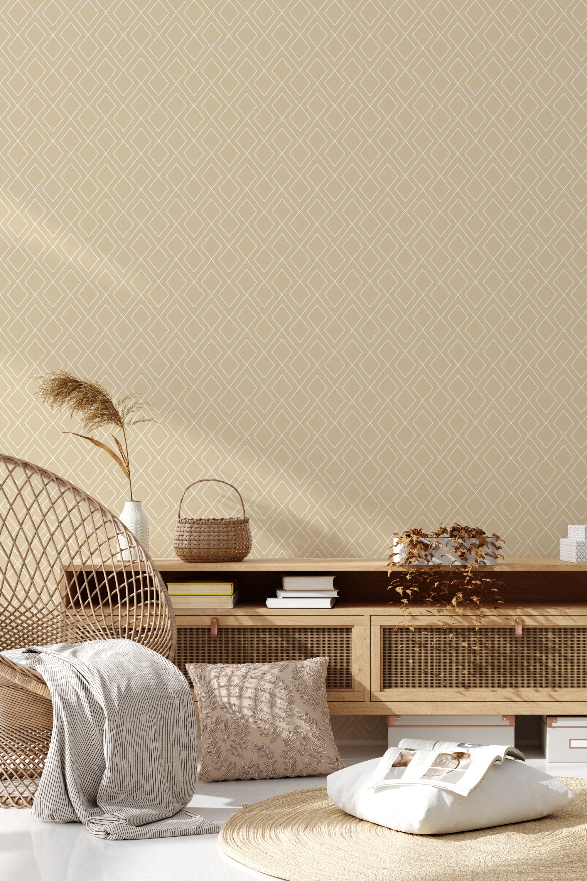Beige wallpaper with a minimalist geometric pattern formed by intersecting lines creating diamond shapes, complementing a cozy, traditional room decor. Traditional wallpaper.