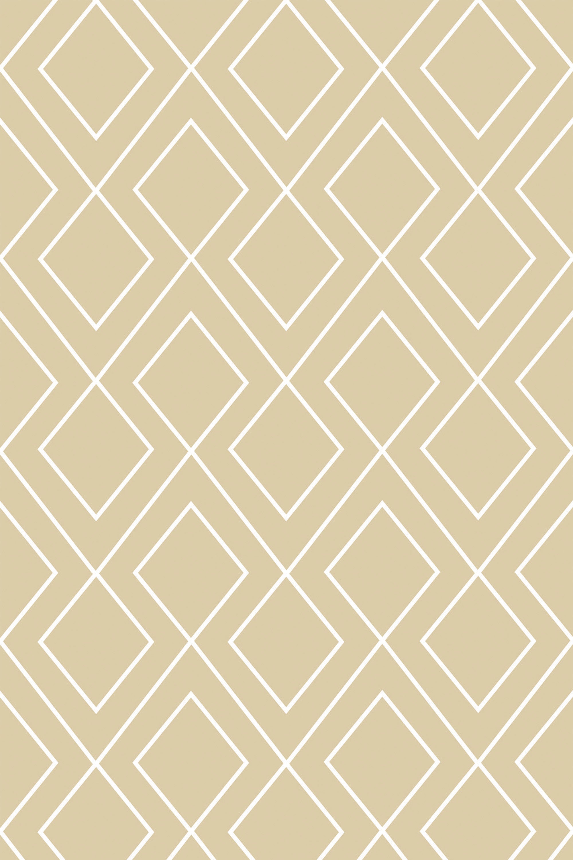 A minimalist geometric wallpaper with overlapping white diamond and square shapes on a light beige background, peel and stick removable wallpaper.