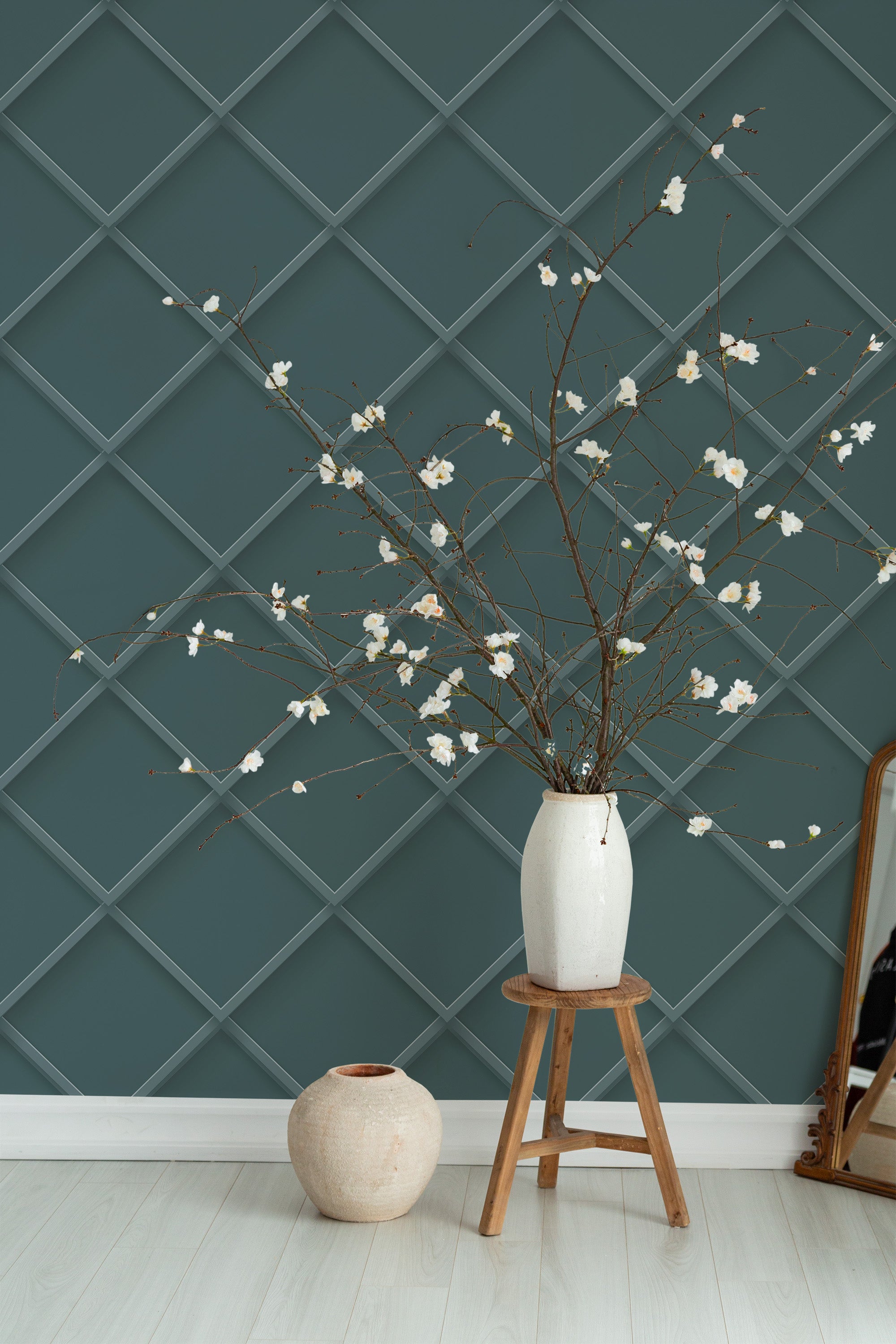 Self-adhesive 3D paneling wallpaper in an elegant dark green tone with a diamond-shaped grid pattern, adding depth and texture to the space.