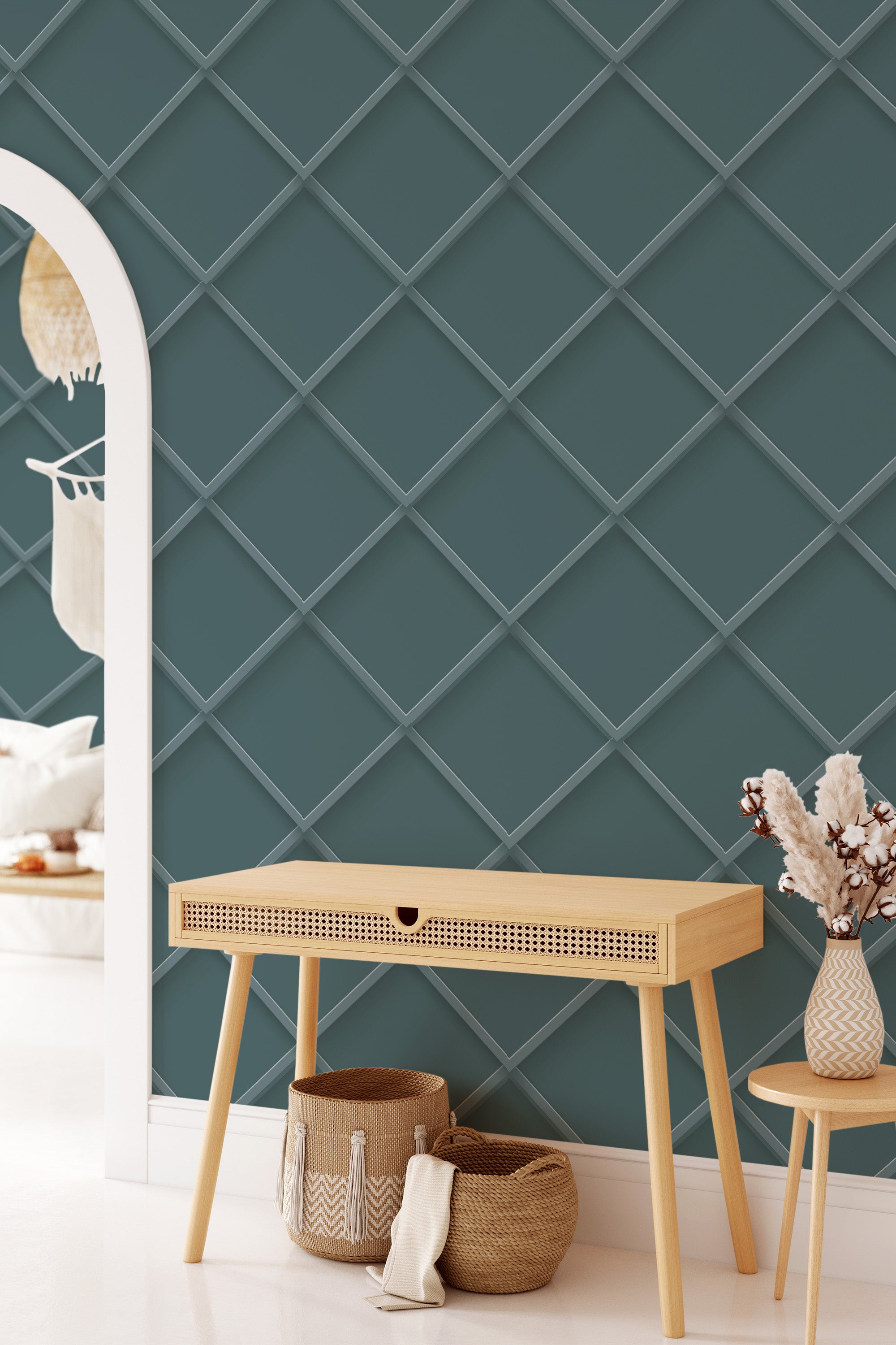 A room with dark green 3D paneling on the wall, designed with a grid pattern of raised diamond shapes, adding depth and texture to the space, traditional wallpaper.