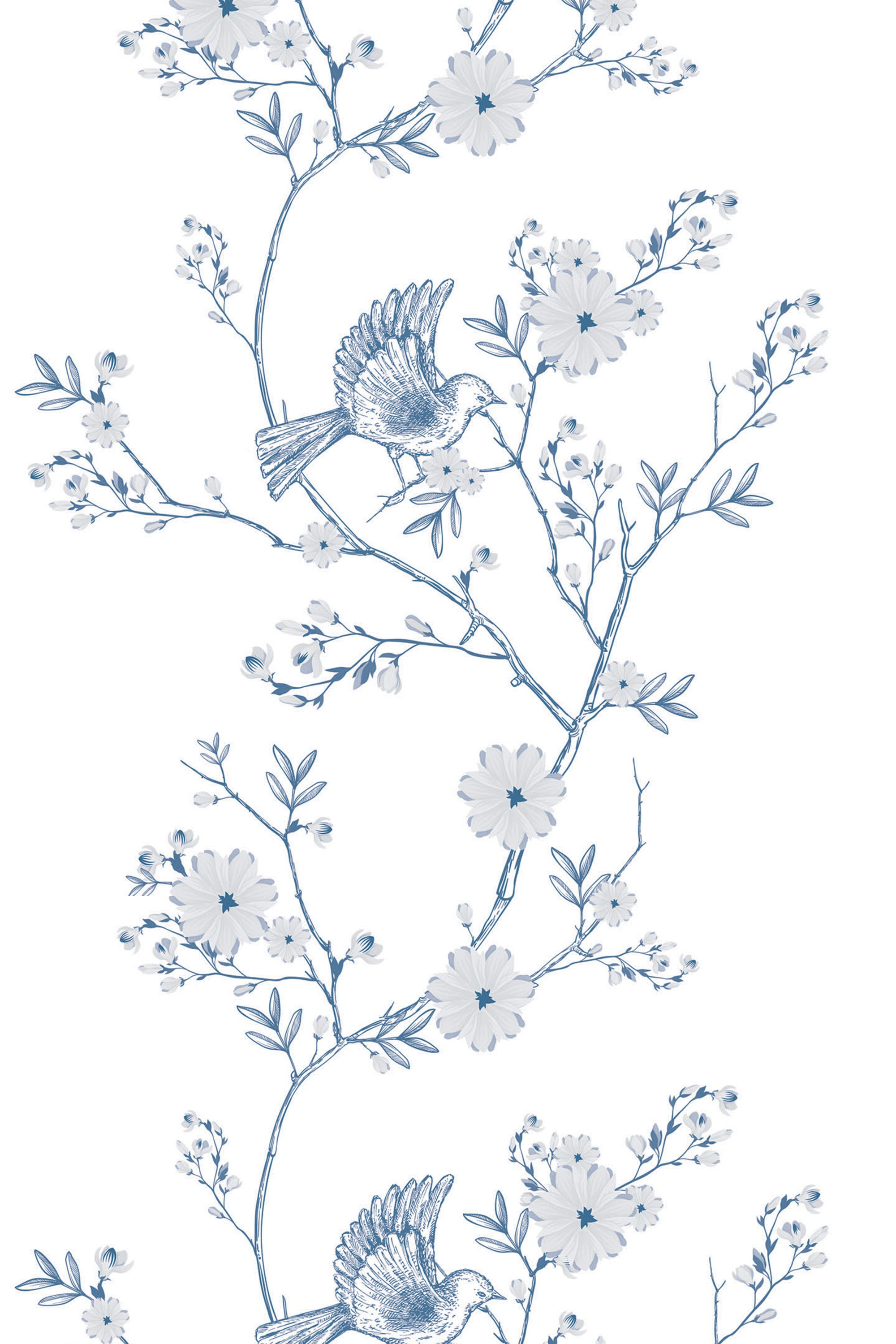 Delicate blue birds perched on branches with blooming flowers, set against a white background. Peel and stick removable wallpaper.