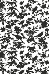 Black bird and butterfly silhouettes among detailed foliage and flowers on a white background, creating a nature-inspired pattern. Peel and stick removable wallpaper.