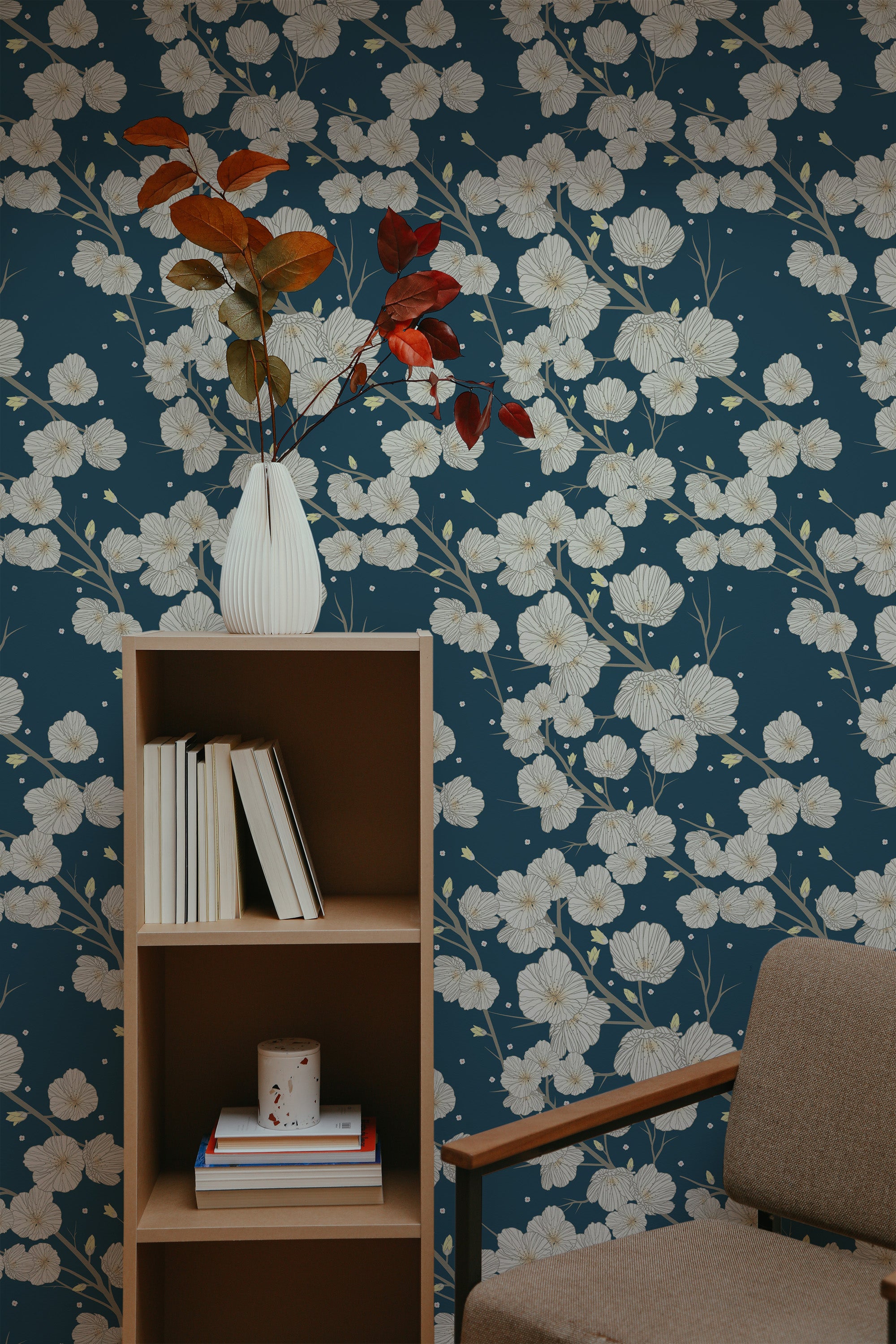 Self-adhesive dark blue floral wallpaper with delicate white flowers and light green stems.