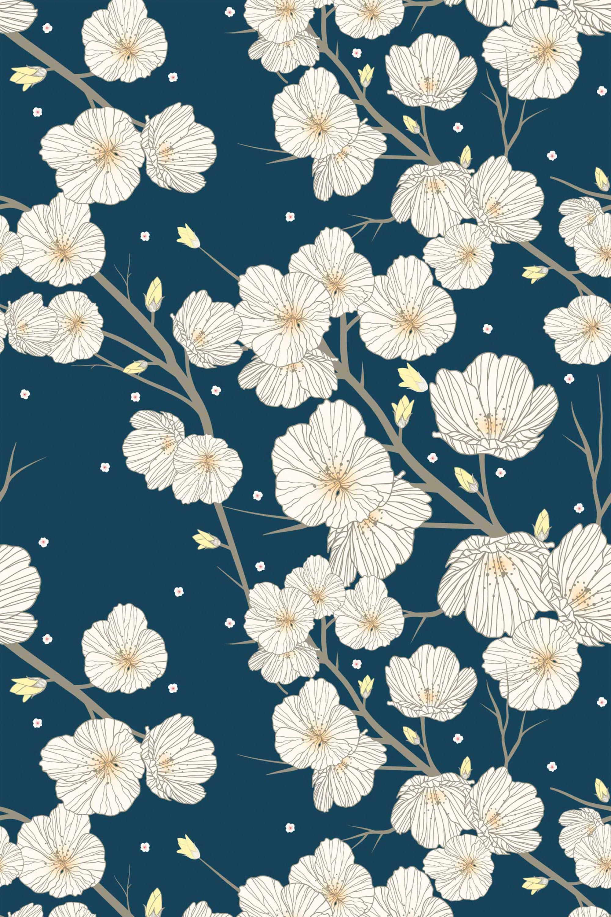 Dark blue peel and stick removable wallpaper with delicate cream-colored flowers and subtle yellow accents, forming a repeating floral pattern.