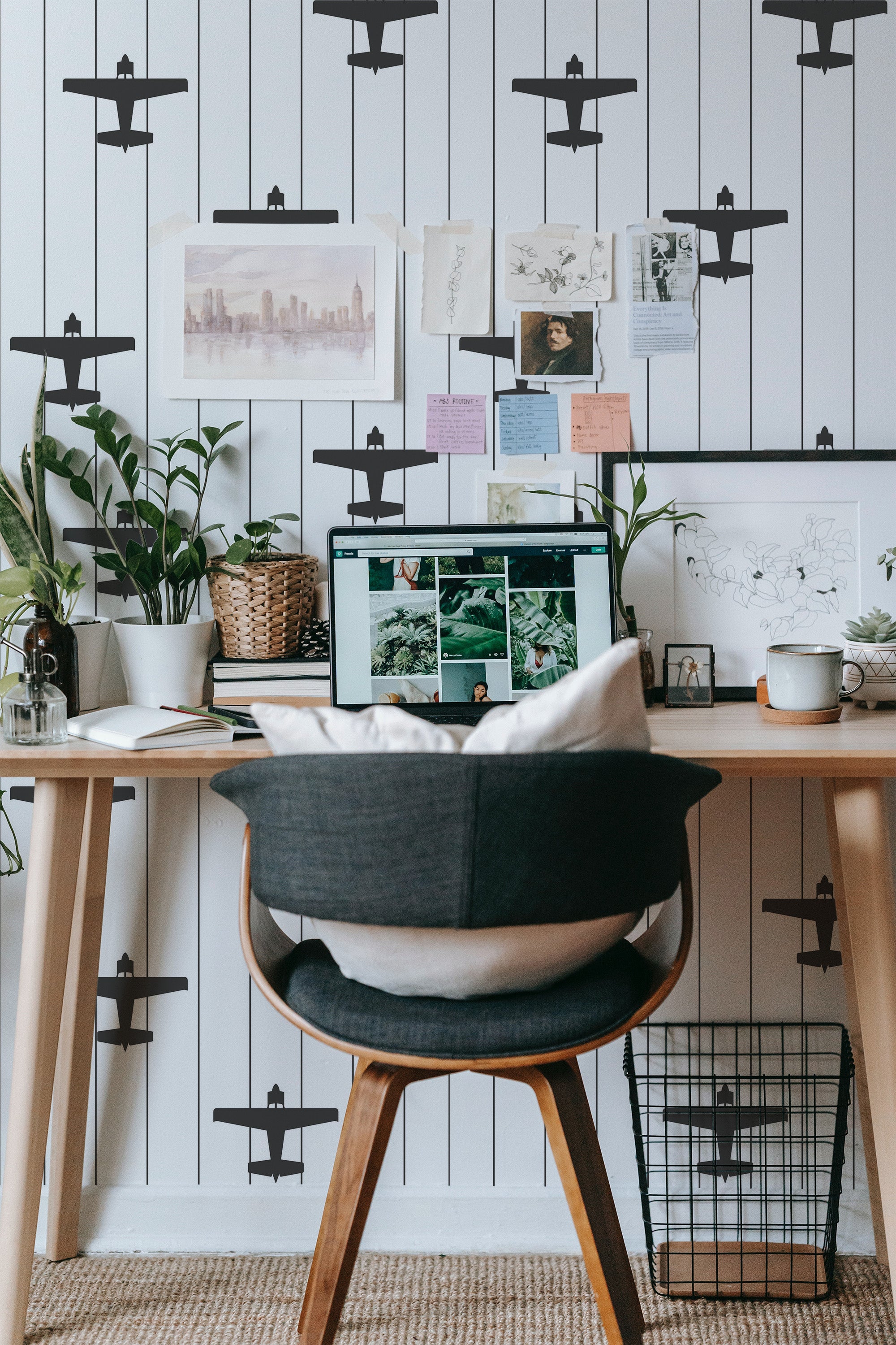 Self-adhesive wallpaper with vintage plane design featuring black airplane silhouettes on a white and gray striped background.