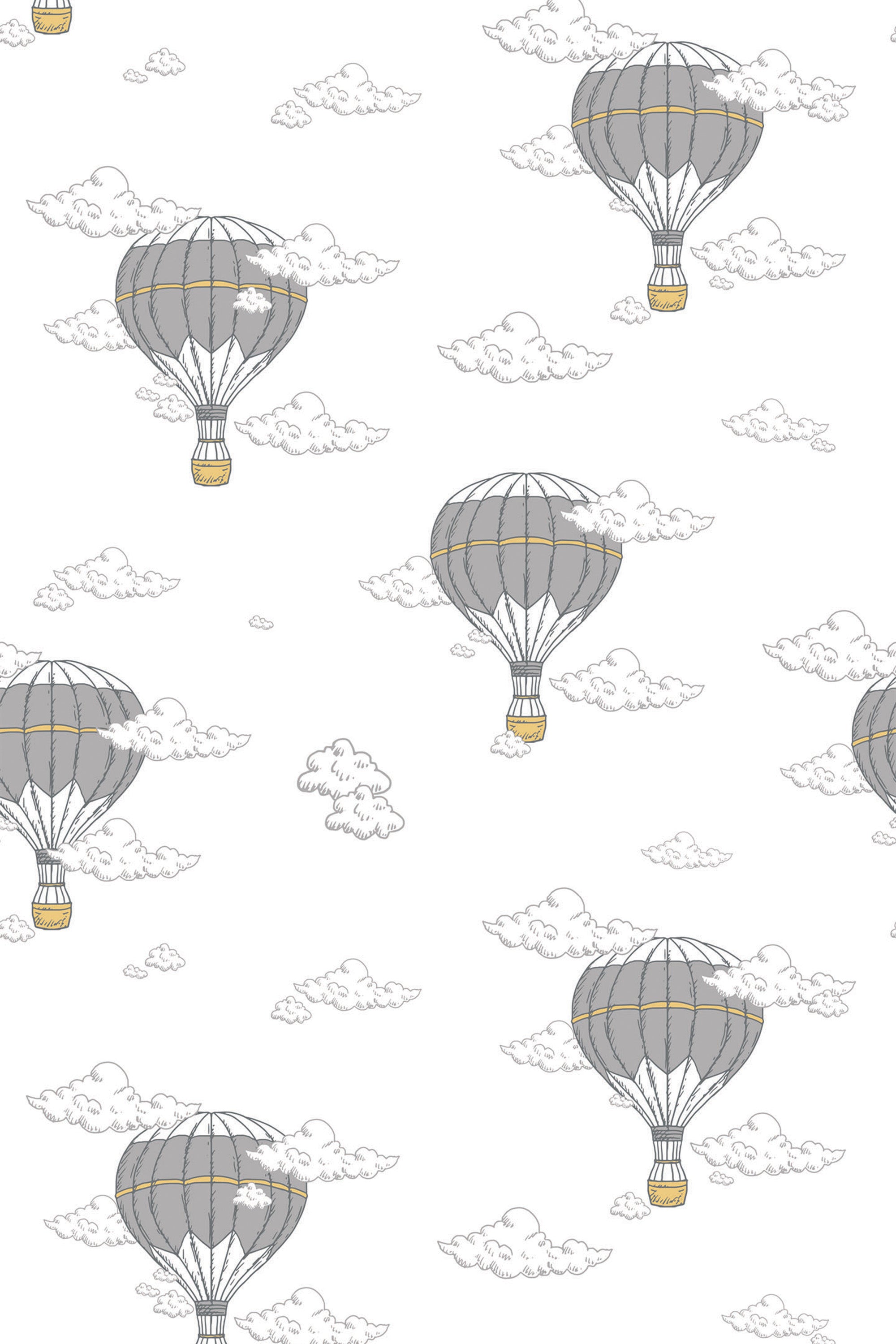 Gray hot air balloons with yellow and white accents floating among fluffy clouds against a white background, peel and stick removable wallpaper.