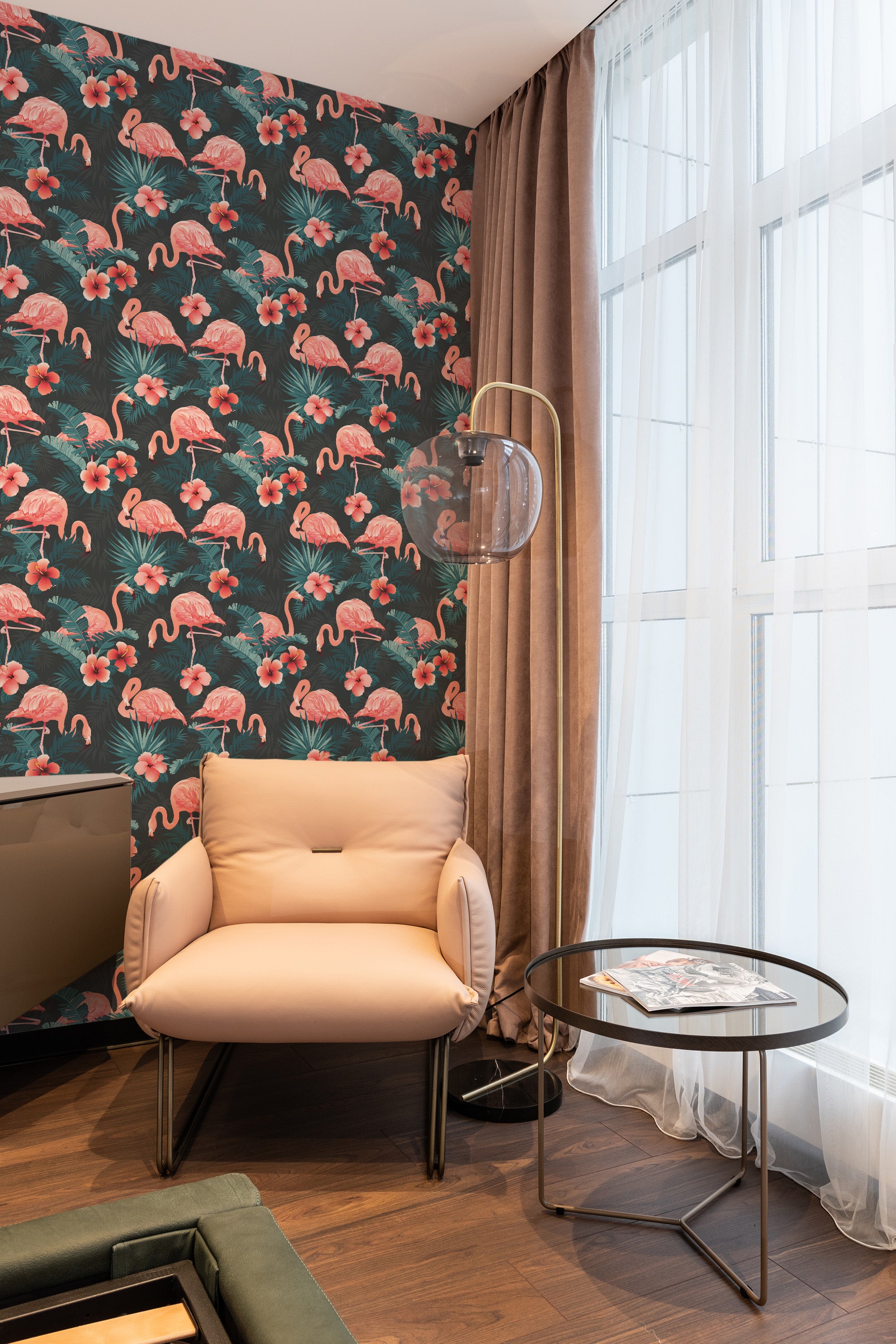 Wallpaper with bold flamingos in coral tones, set against a dark green background with lush tropical leaves, adding vibrant contrast to the room, traditional wallpaper.