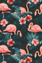 Pink flamingos gracefully standing and bending their necks, surrounded by tropical leaves and vibrant hibiscus flowers against a dark background. Peel and stick removable wallpaper.