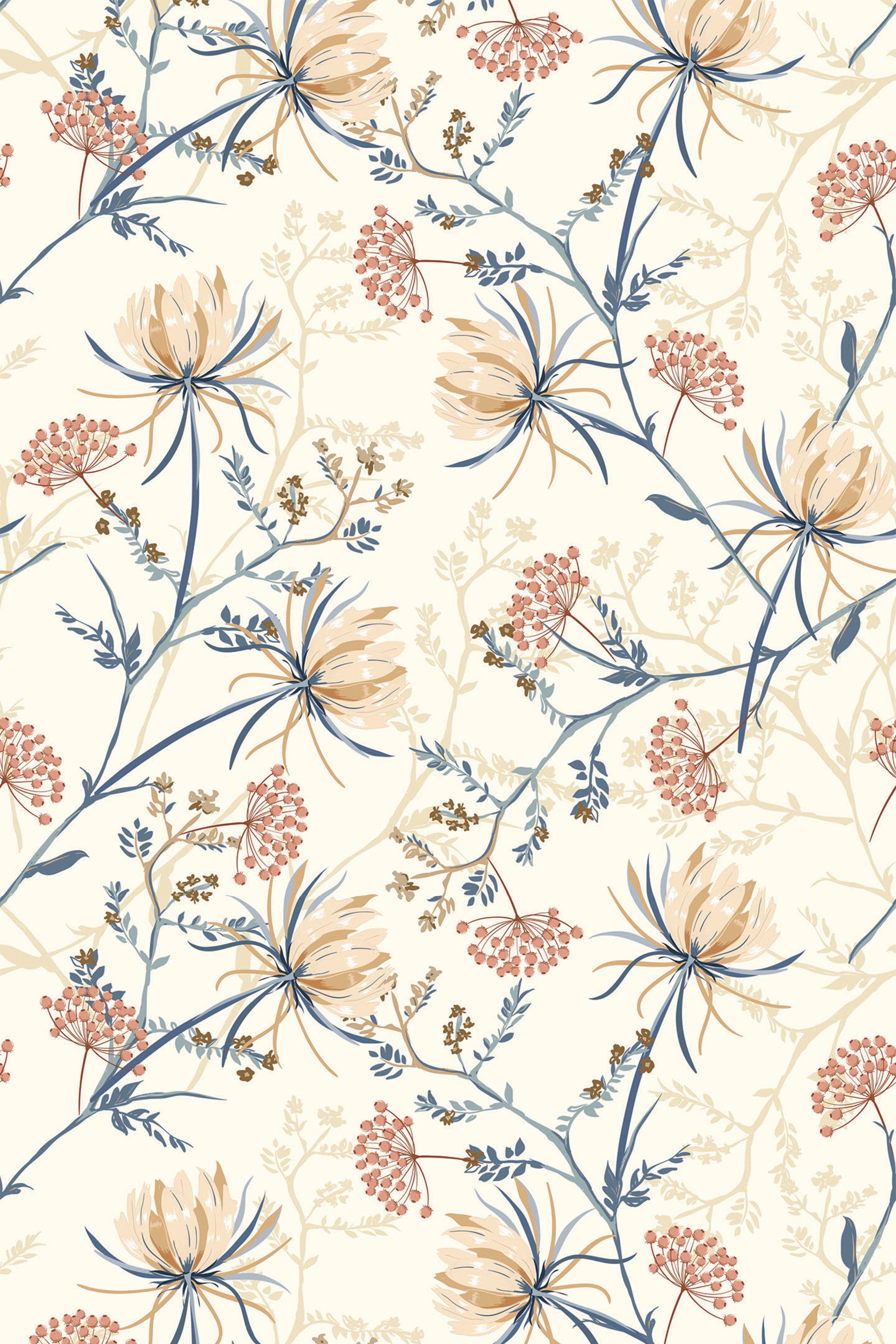Floral wallpaper with beige and cream-toned flowers, muted red and pink buds, and delicate blue and green leaves on a light background. Peel and stick removable wallpaper.