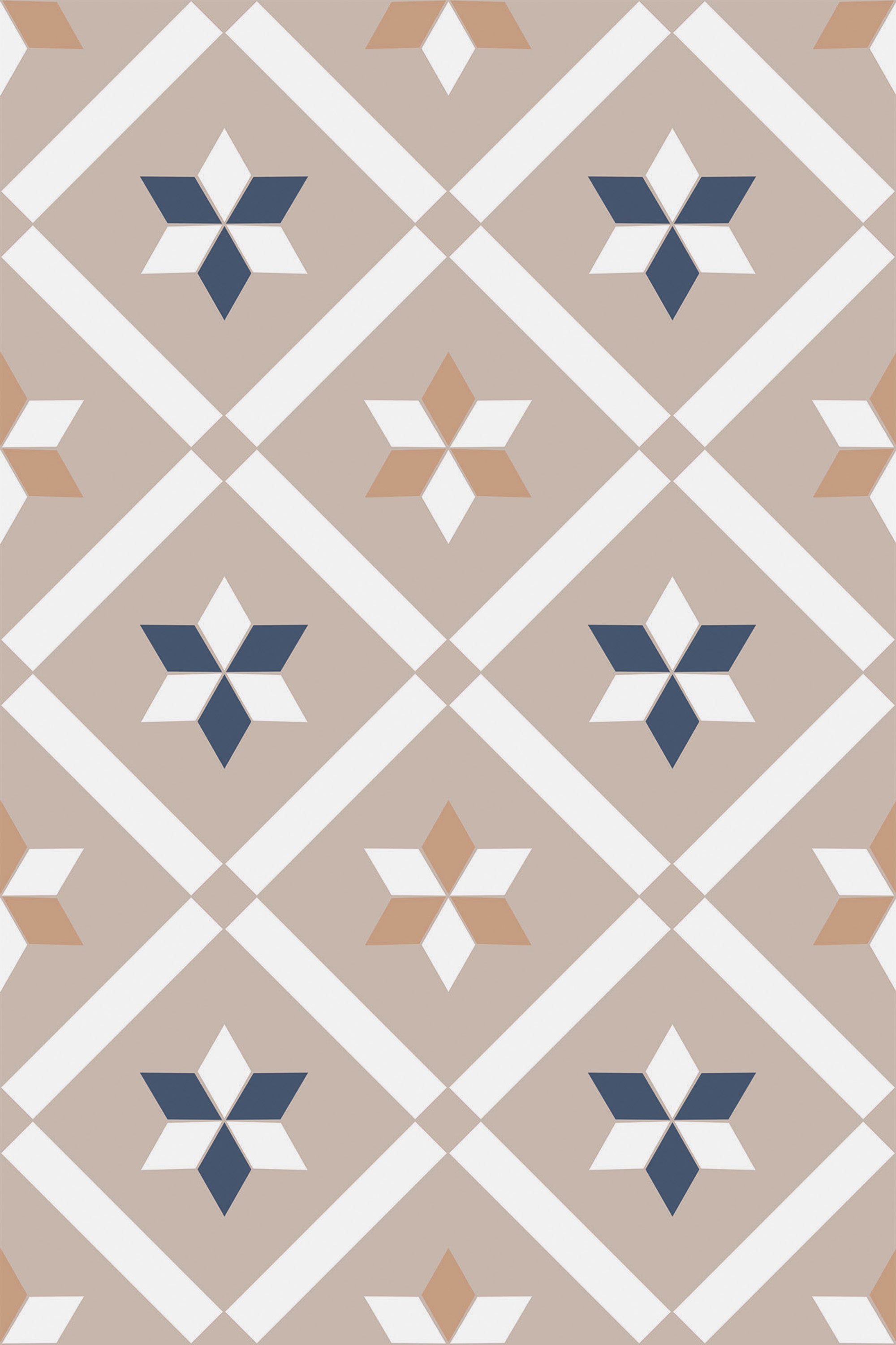 Geometric French tile pattern with diamond shapes in beige and white, filled with star motifs in navy, white, and peach. Peel and stick removable wallpaper.