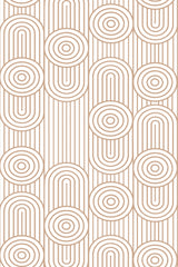 A geometric pattern with concentric circles and vertical lines in a gold-brown color on a white background, forming a repeating design. Peel and stick removable wallpaper.