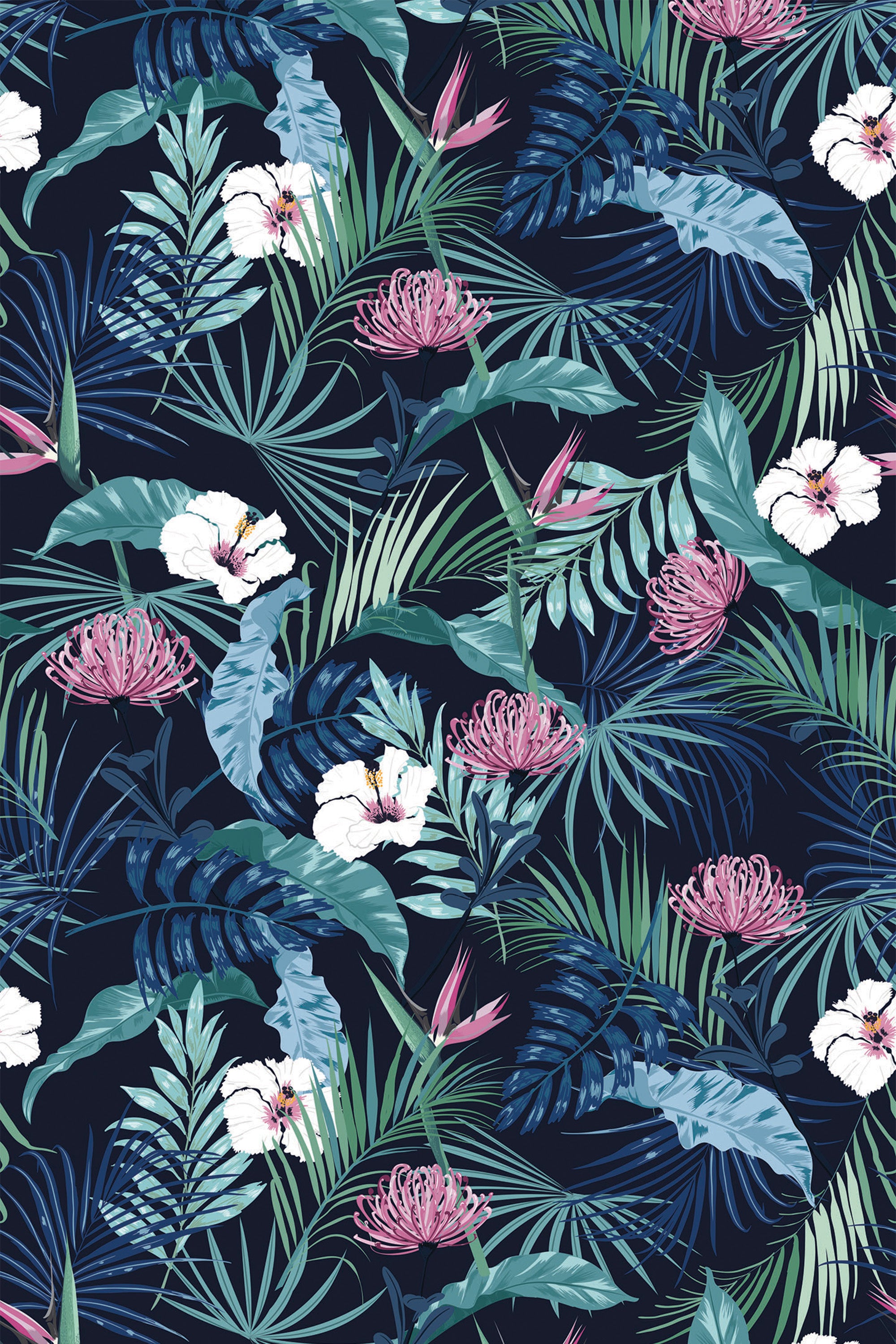 A dark tropical wallpaper design with lush green leaves, pink and white exotic flowers, and hints of blue foliage on a deep navy background. Perfect for adding a vibrant and elegant touch to any space. Peel and stick removable wallpaper.