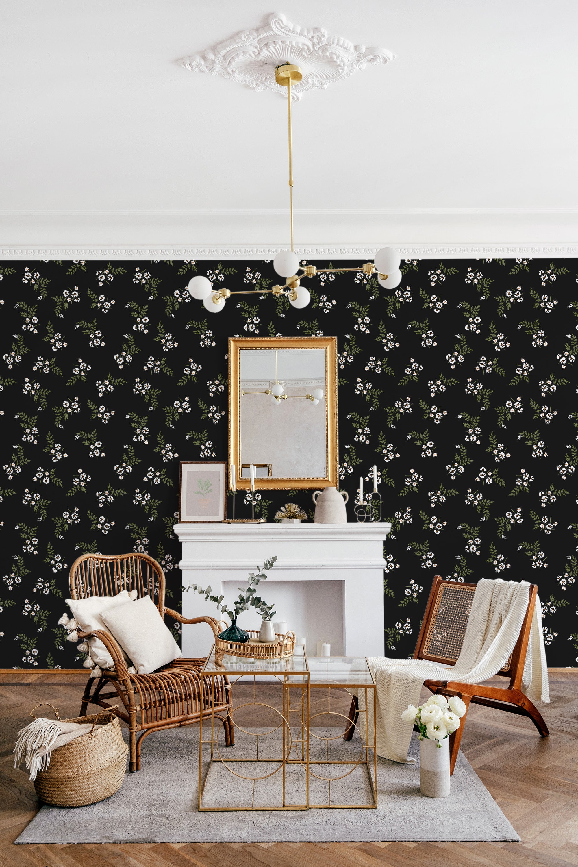 Black wallpaper with delicate white flowers and green leaves, adding a timeless and traditional look to the room. Traditional wallpaper.