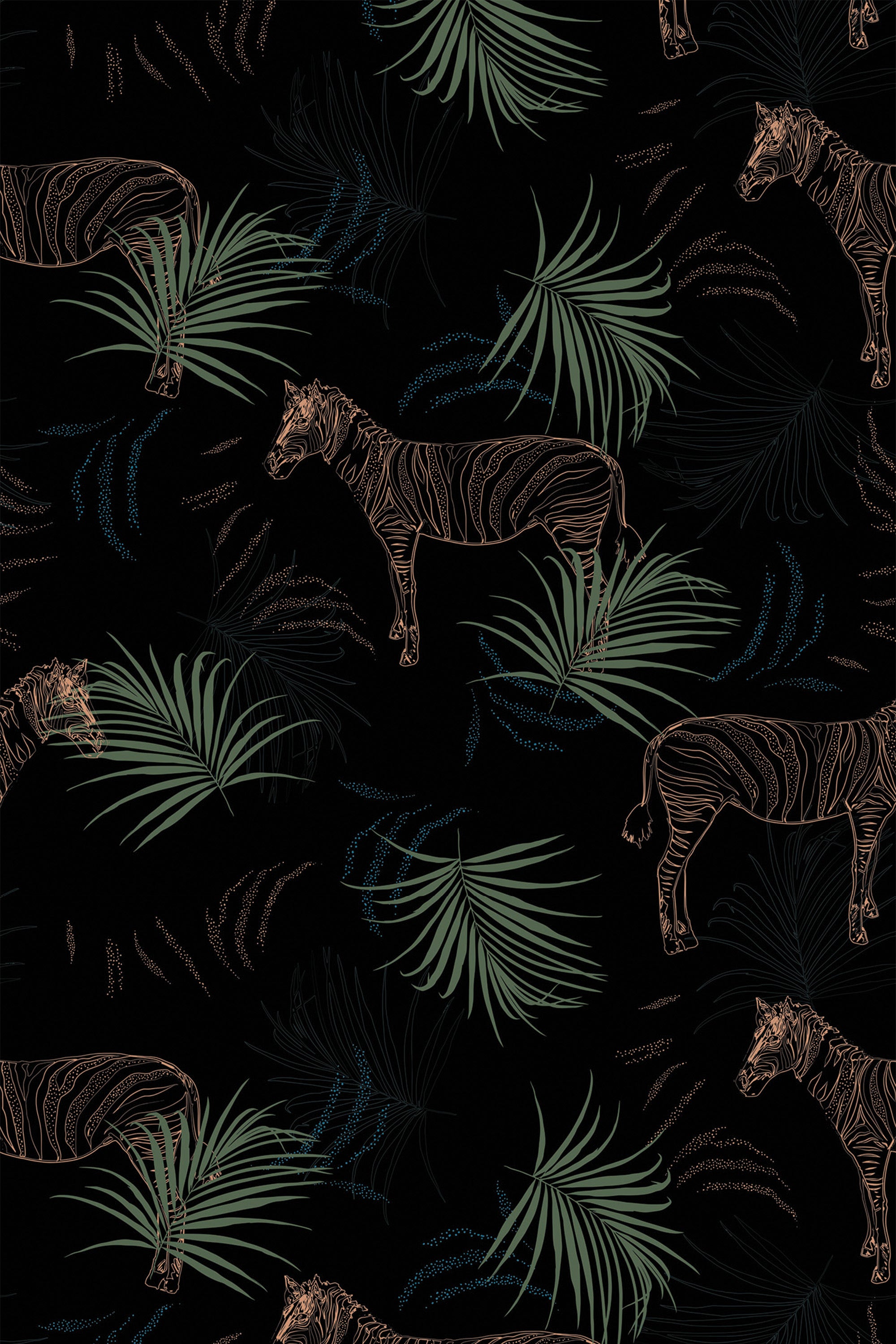 Zebra outlines with beige stripes surrounded by green tropical leaves against a black background, peel and stick removable wallpaper.