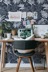 Self-adhesive dark palm tree wallpaper with intricate white palm leaves and tropical plant patterns on a deep navy background.