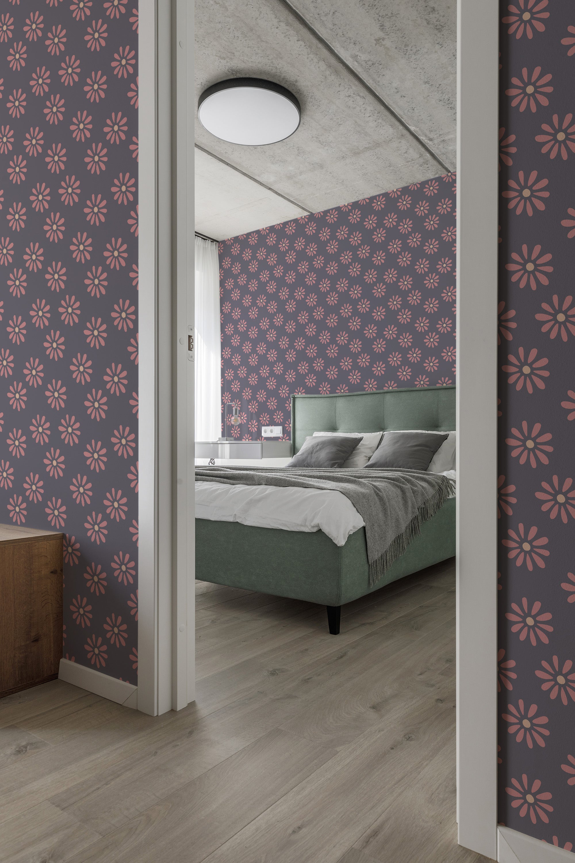 Room with walls covered in a purple wallpaper adorned with repeating patterns of pink flowers, creating a lively and vibrant atmosphere. Traditional wallpaper.