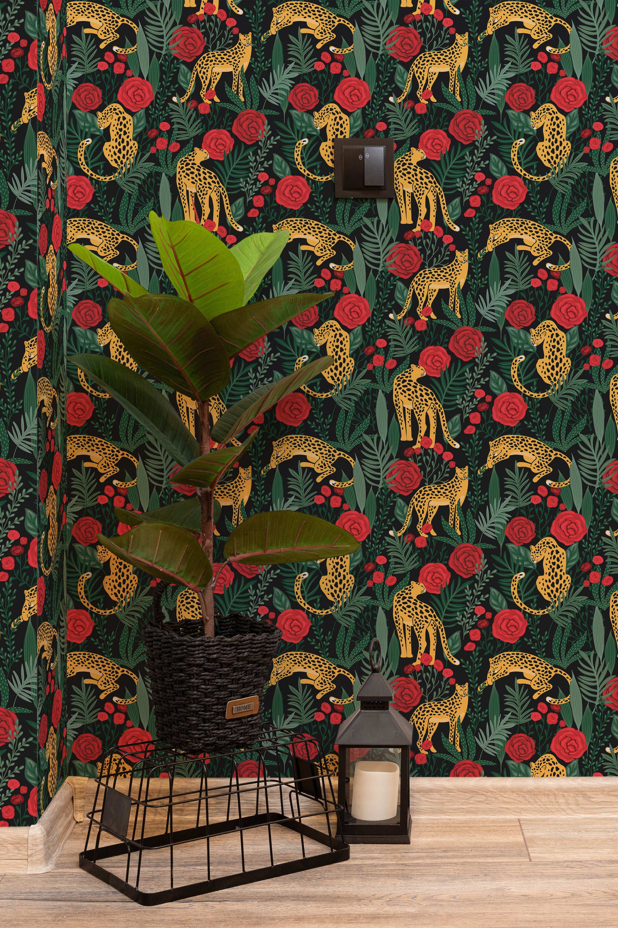 Self-adhesive wallpaper with a bold design of golden tigers intertwined with vibrant red roses against a deep black background, accented by lush green leaves.