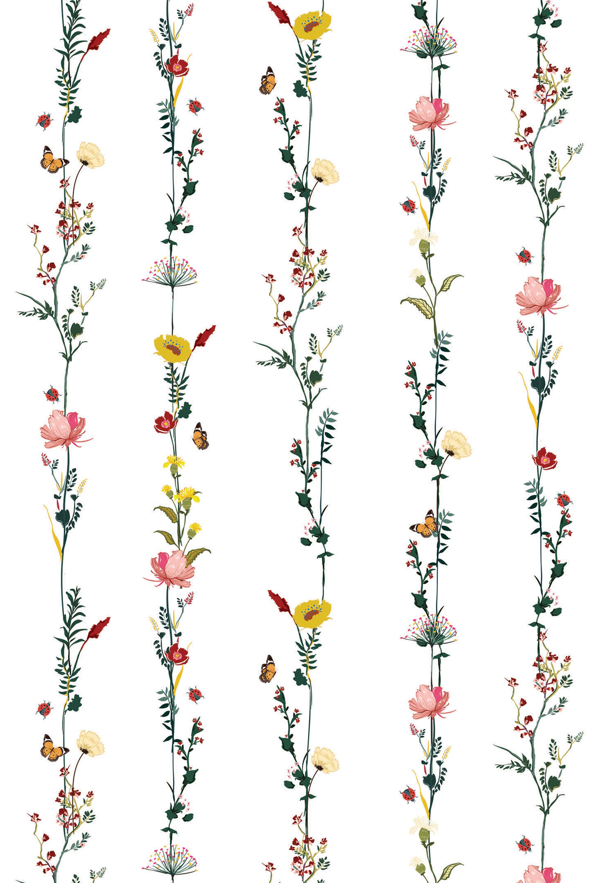 Delicate, thin vertical lines adorned with minimal floral patterns, featuring small flowers, leaves, and butterflies on a bright white background, lovely peel and stick removable wallpaper.