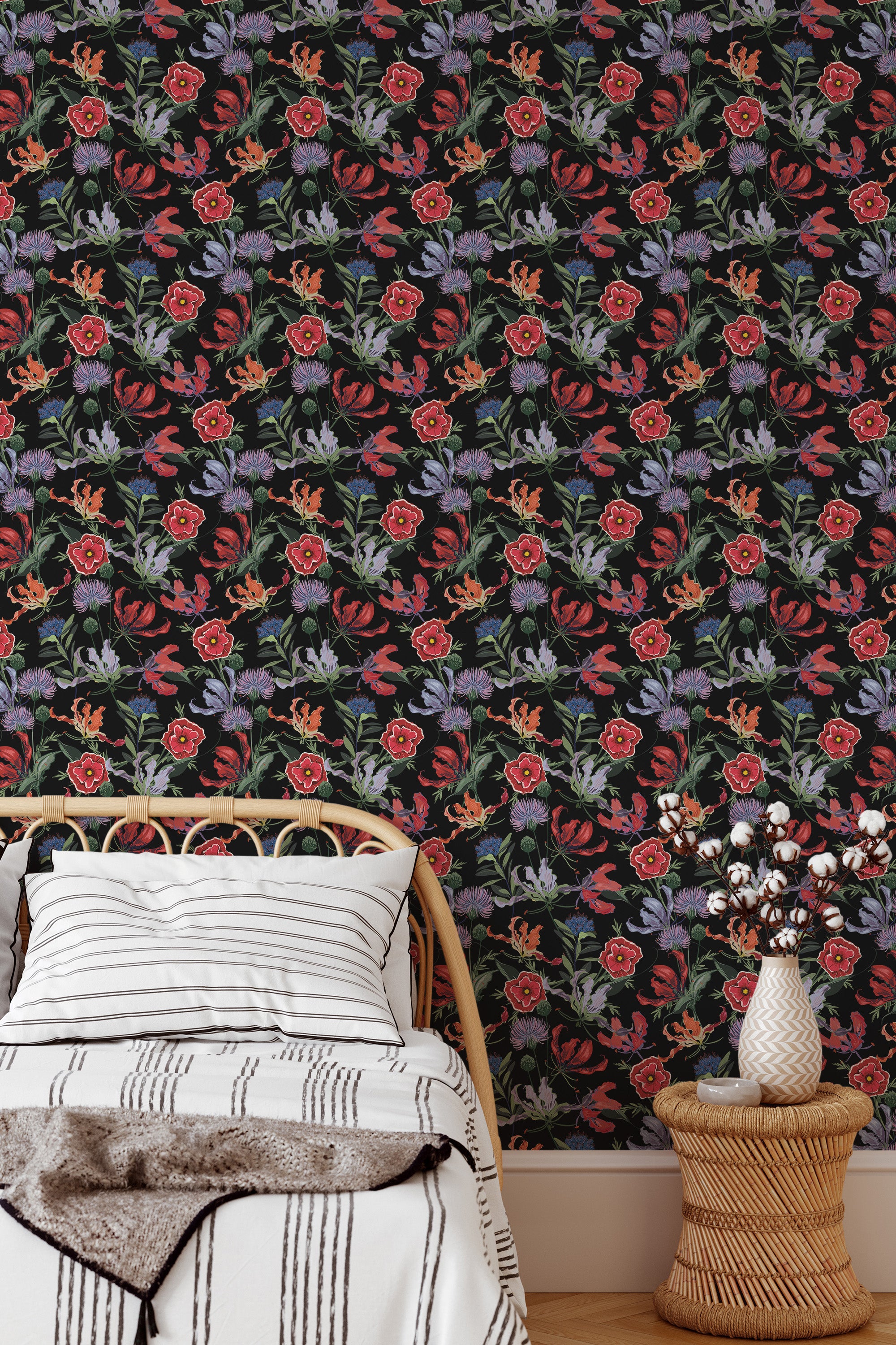 Self-adhesive Black Magic Floral wallpaper with intricate red and purple flowers, green leaves, and delicate branches against a dark background, adding a bold, elegant touch to the room.