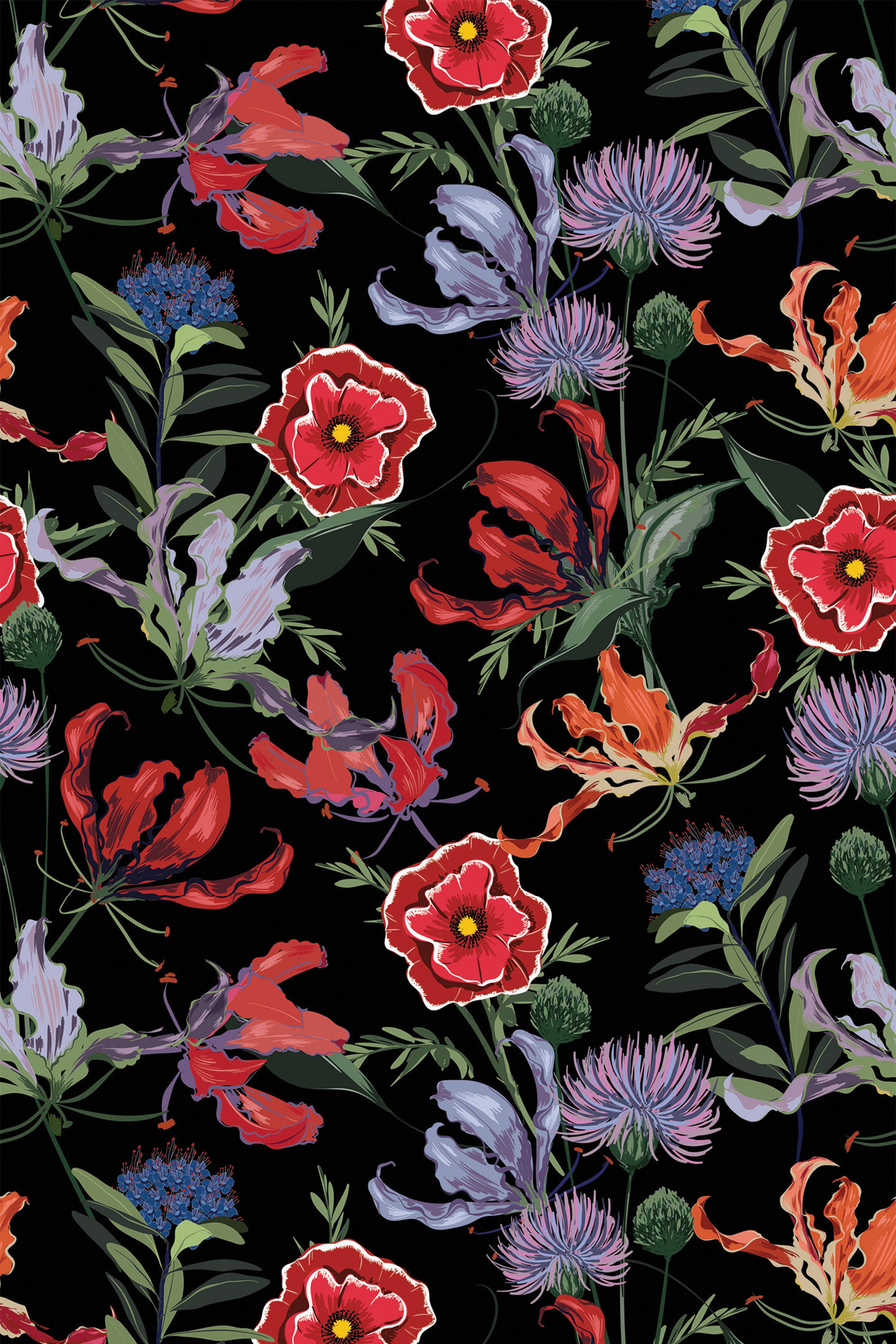 A vibrant floral pattern on a black background with red poppies, purple thistles, and green leaves intertwined across the design. The striking colors create a bold contrast against the dark backdrop, adding a touch of elegance and drama to any space. Peel and stick removable wallpaper.