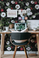 Self-adhesive wallpaper with a black floral design featuring large white and pink flowers, green leaves, and small white accents.