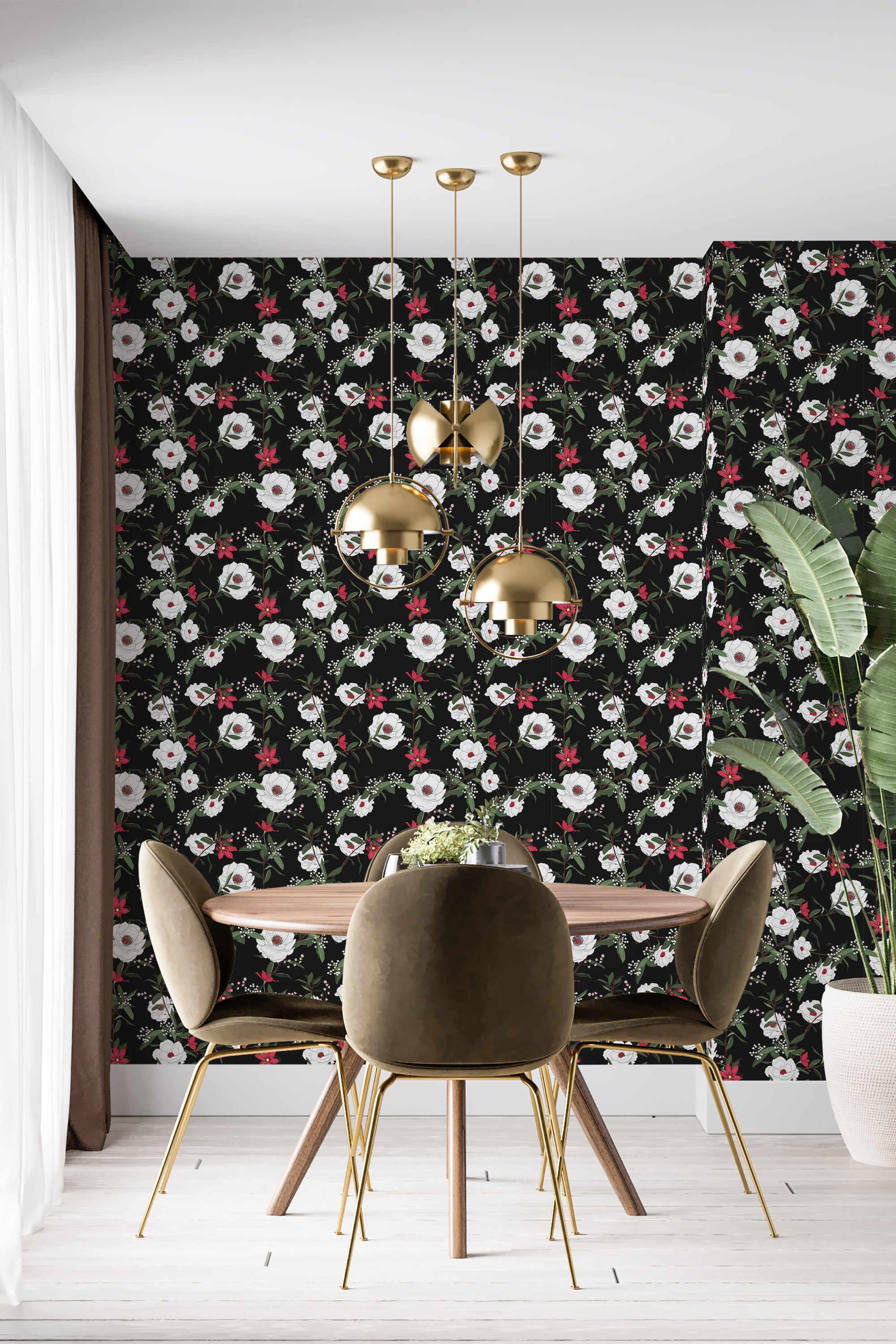 Black floral wallpaper with a pattern of white and pink flowers intertwined with green leaves, adding elegance to the room. Traditional wallpaper.