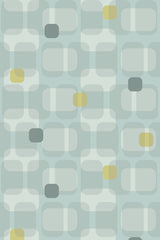 A wallpaper pattern with overlapping squares and rounded corners in muted shades of teal, gray, and yellow. The retro-style circles merge seamlessly with the geometric shapes, creating a vintage aesthetic on the peel and stick removable wallpaper.