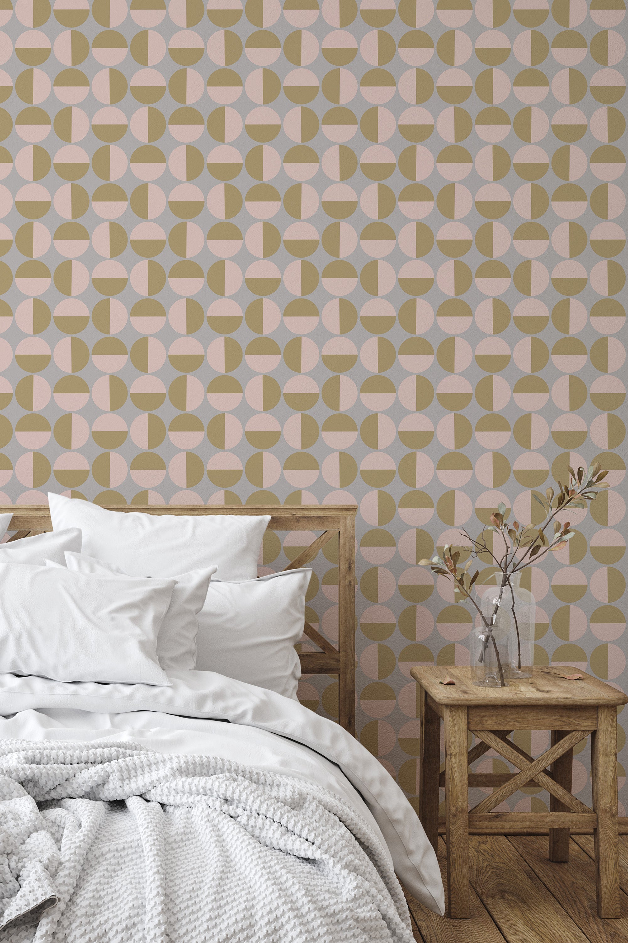 Self-adhesive mid-century circle pattern wallpaper in soft tones of beige, pink, and olive green arranged in a repetitive geometric design, adding a retro-inspired aesthetic to the room.