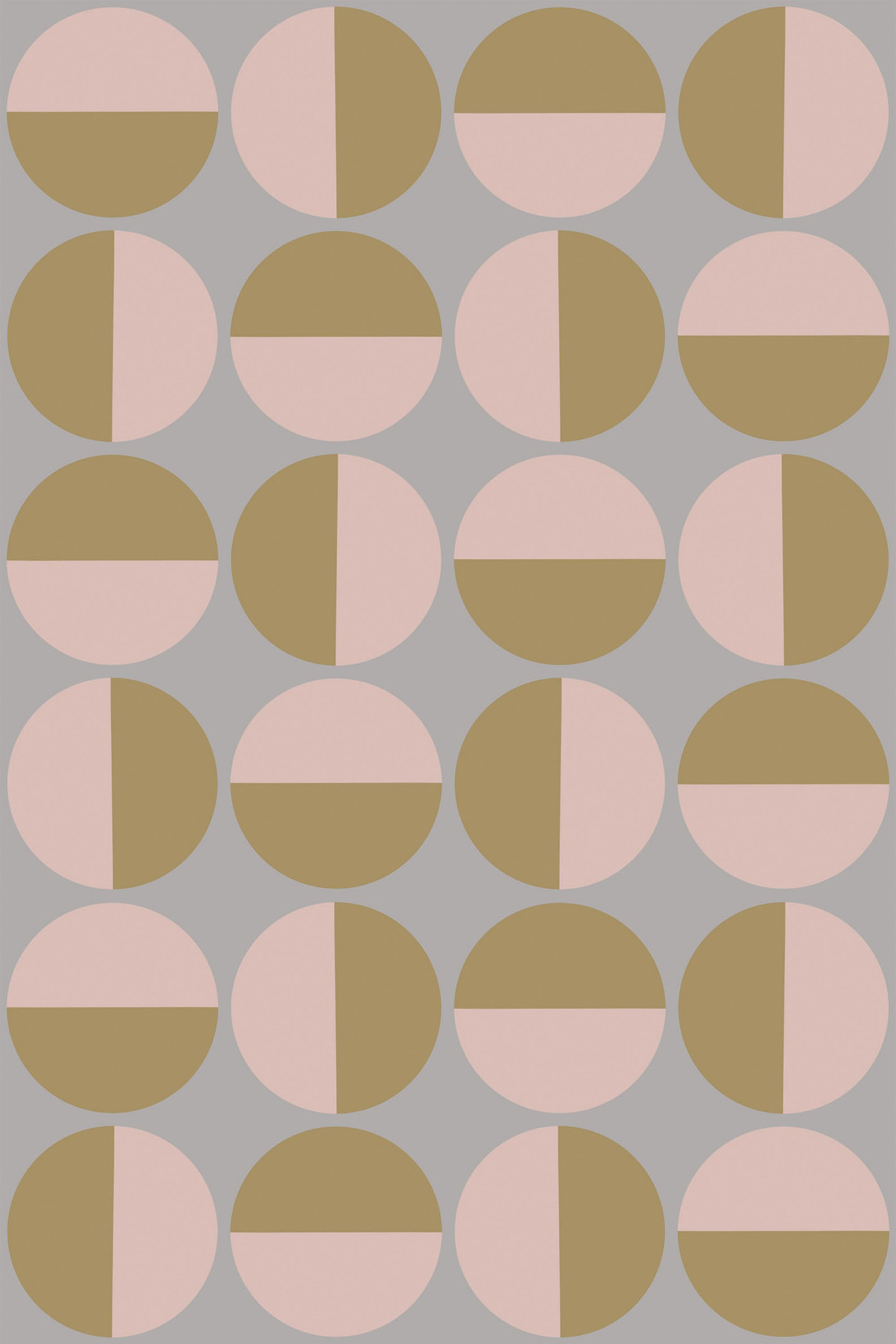 Alternating rows of circles divided into quadrants with muted mustard yellow and soft pink colors on a light gray background, creating a repetitive geometric pattern inspired by mid-century design. Peel and stick removable wallpaper.