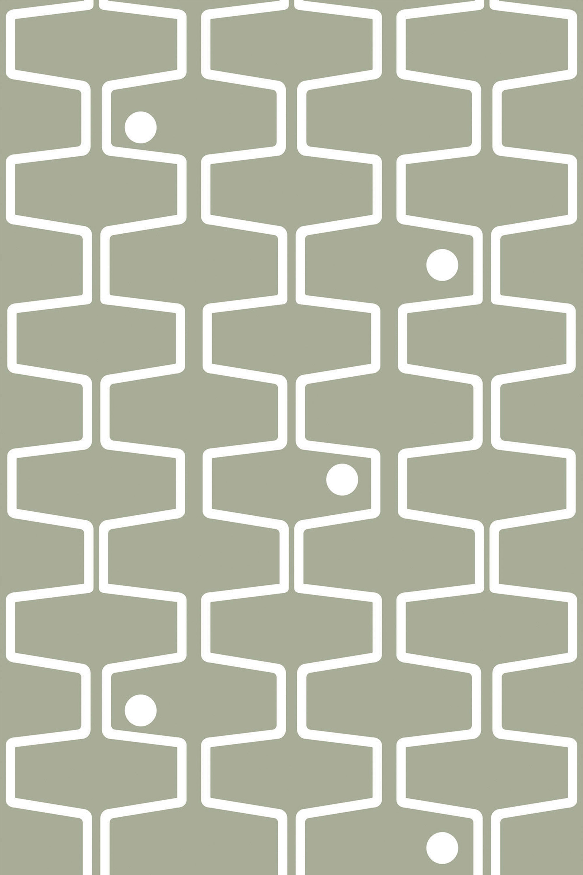 Geometric shapes with interconnected white lines and scattered white dots on a muted olive green background, peel and stick removable wallpaper.