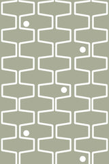 Geometric shapes with interconnected white lines and scattered white dots on a muted olive green background, peel and stick removable wallpaper.
