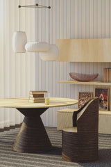 A room with wallpaper patterned with narrow retro stripes in muted tones, creating a subtle, vintage-style ambiance. Traditional wallpaper.