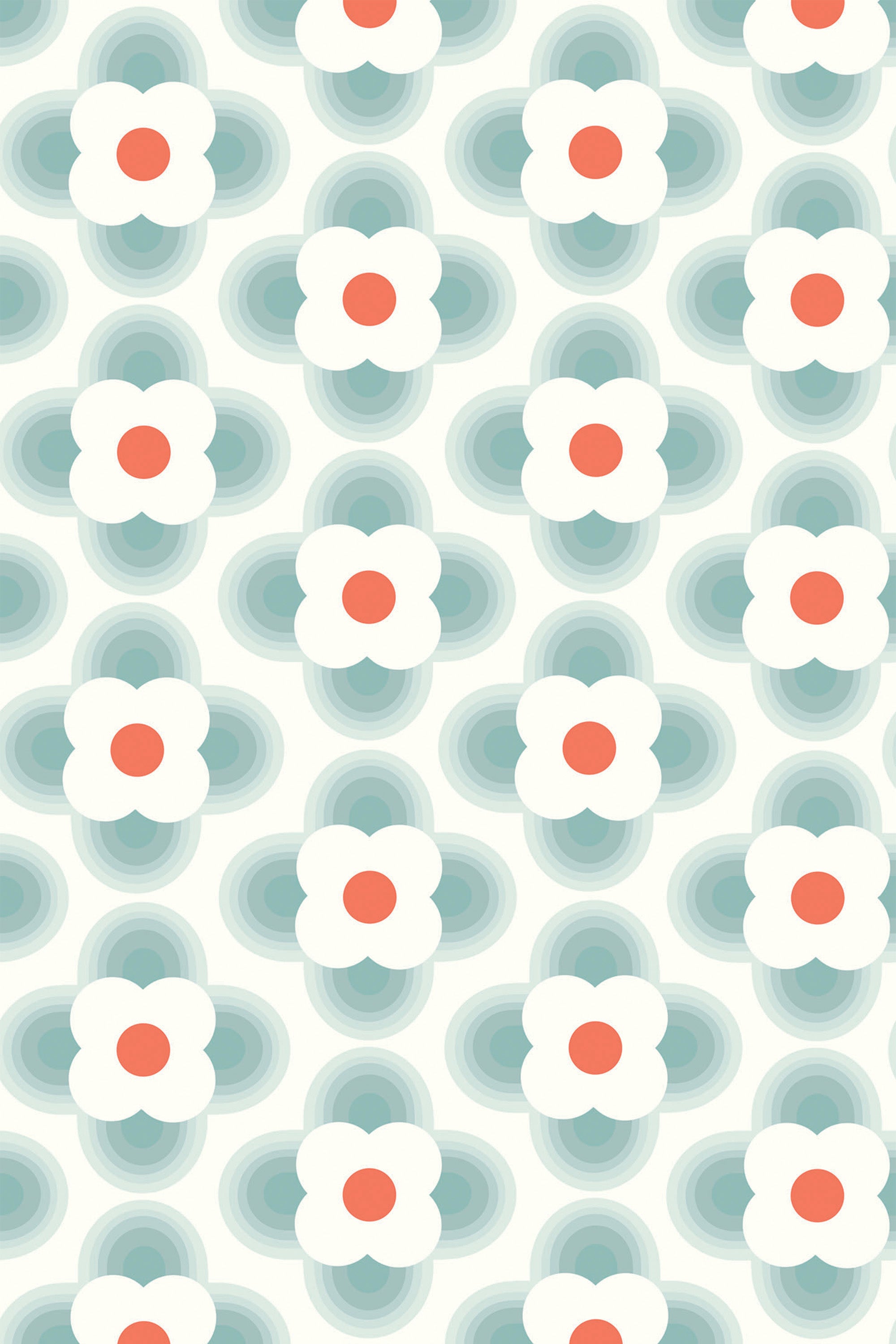 A repeating pattern with stylized Mid-century geometric flowers, featuring white petals with red-orange centers surrounded by layered, soft teal shapes on a cream background. Peel and stick removable wallpaper.