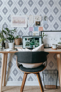 Self-adhesive floral tile wallpaper with a repeating pattern of elegant, grey, stylized flowers against a light background.