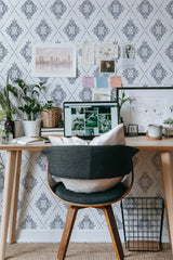 Self-adhesive floral tile wallpaper with a repeating pattern of elegant, grey, stylized flowers against a light background.