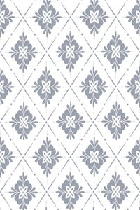 A repeating geometric pattern with stylized grey floral motifs centered within white diamond tiles, connected by dotted lines, creating a symmetrical look. Peel and stick removable wallpaper.