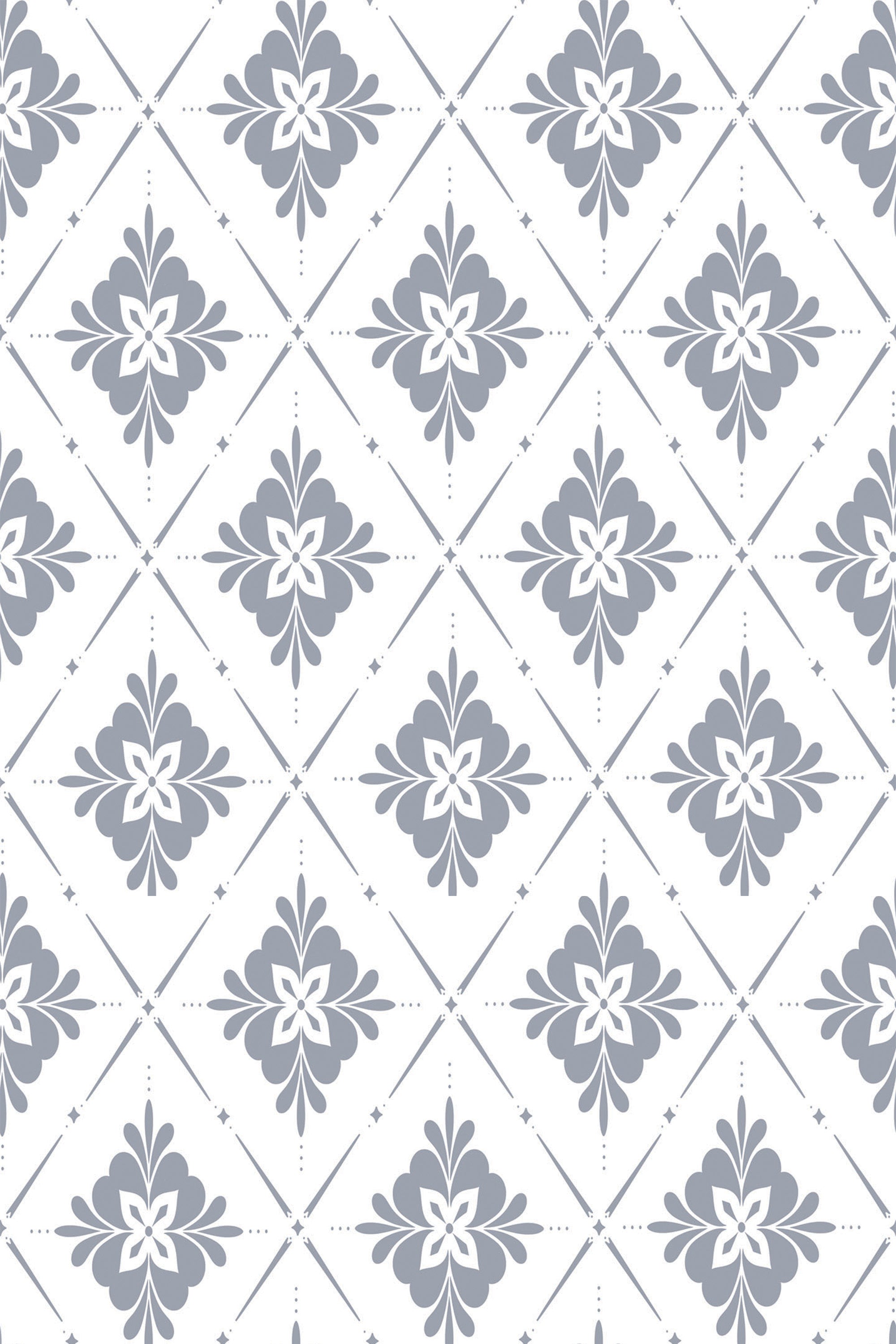 A repeating geometric pattern with stylized grey floral motifs centered within white diamond tiles, connected by dotted lines, creating a symmetrical look. Peel and stick removable wallpaper.