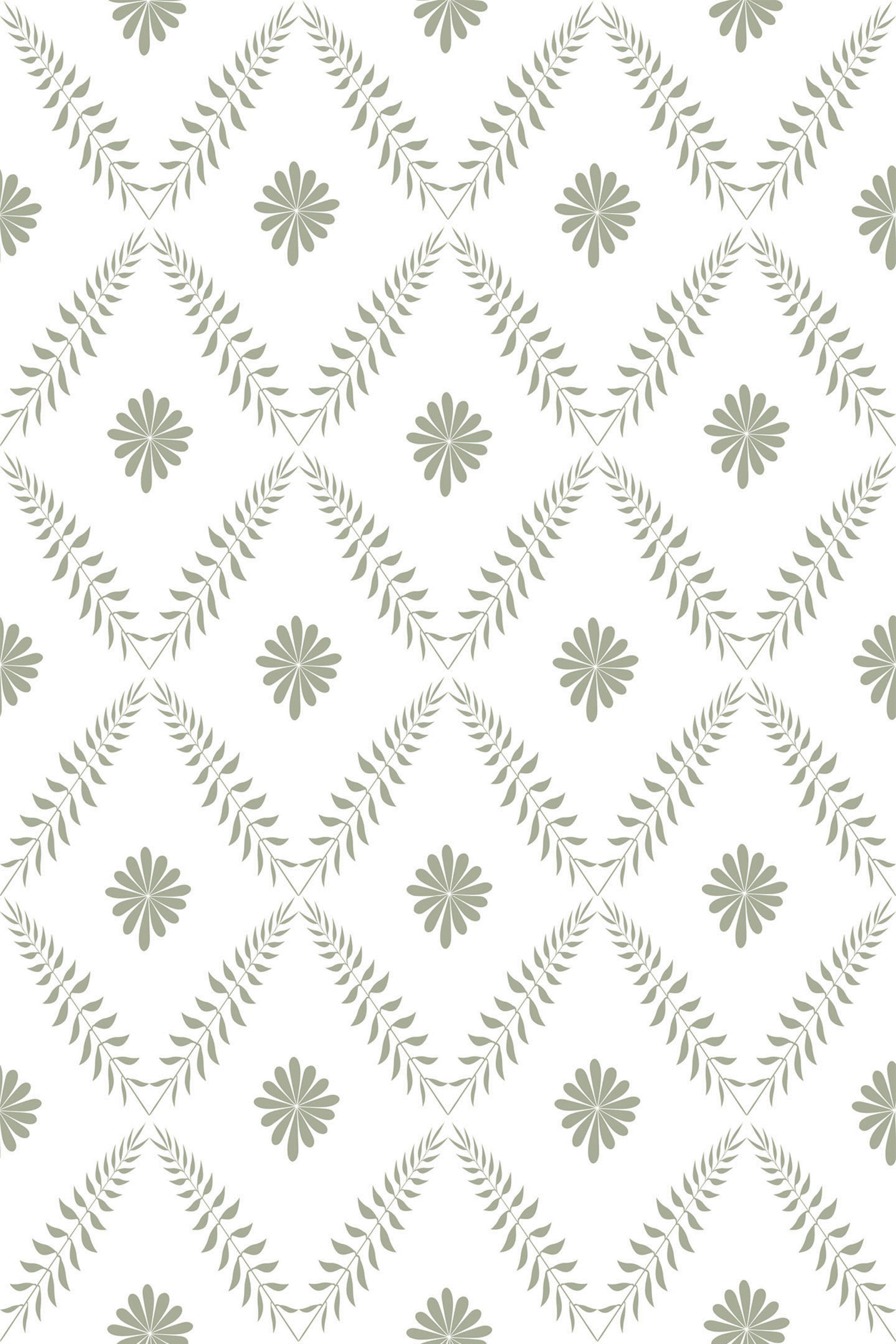 A repeating pattern of diamond shapes formed by delicate green leaves, with stylized floral motifs centered within each diamond, set against a white background. Peel and stick removable wallpaper.