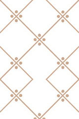 Geometric wallpaper with a minimalist design of intersecting brown diamond shapes and small dotted accents on a white background, peel and stick removable wallpaper.